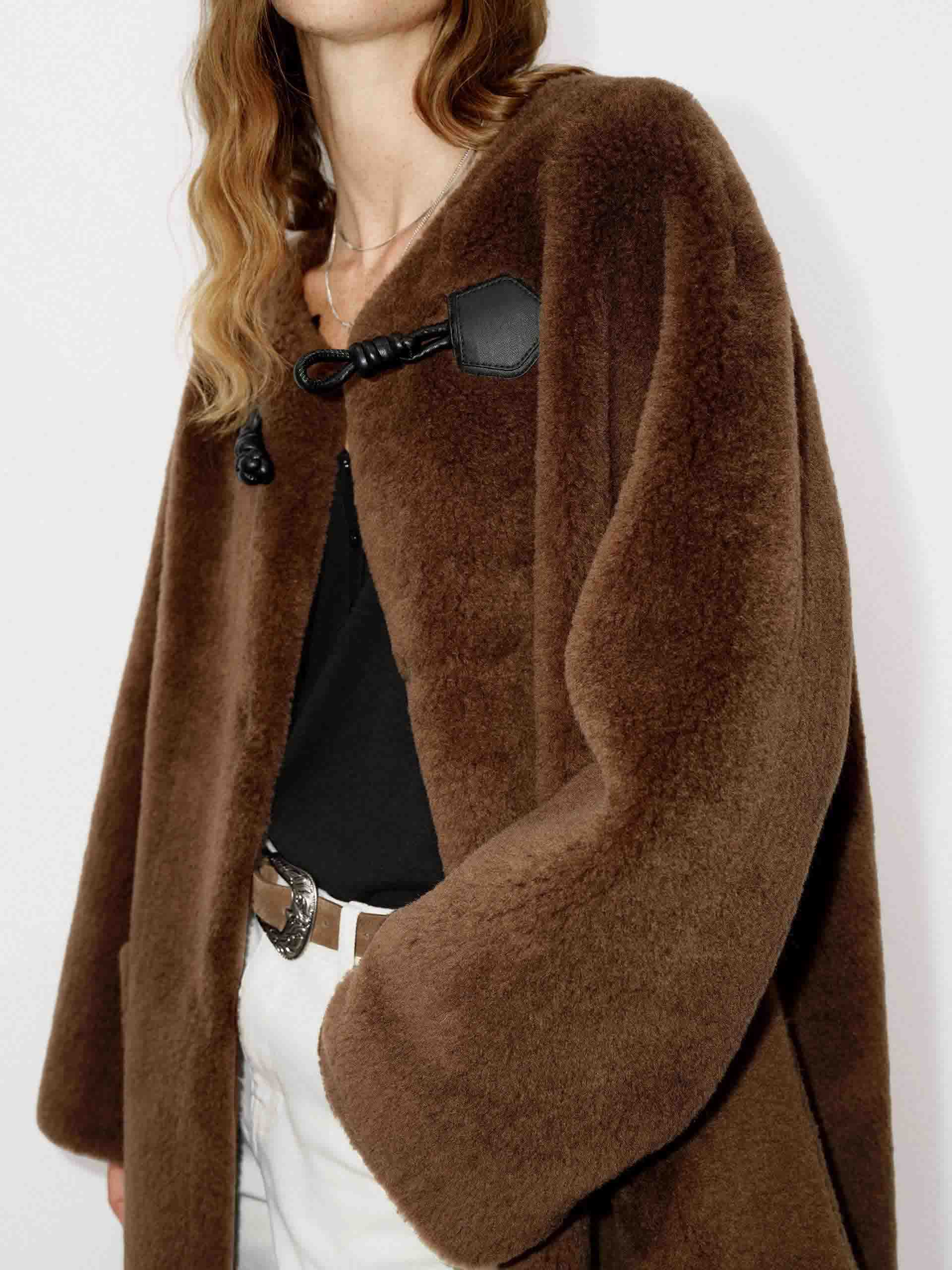 MO&Co. Women's Midi Length Crew Neck Faux Shearling Fuzzy Coat in Brown