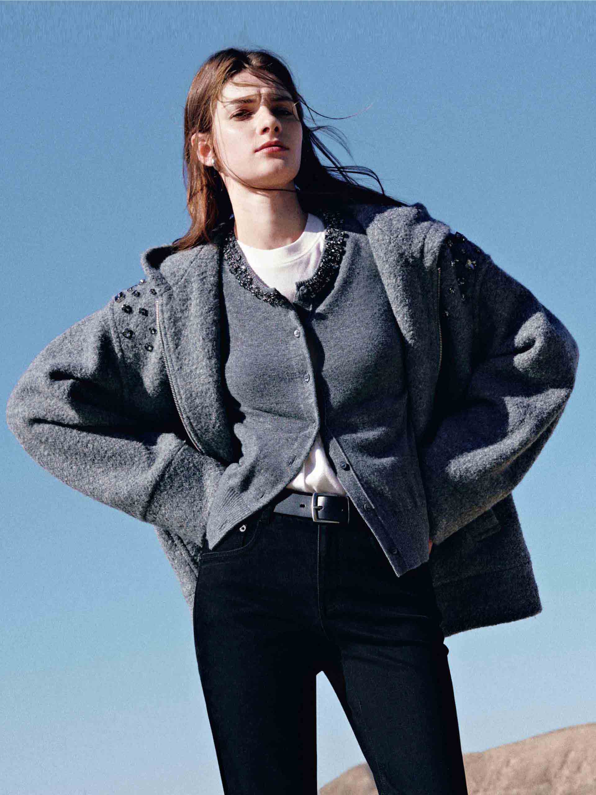 MO&Co. Women's Pure Merino Wool Hooded Zip Jacket with Crystal Details