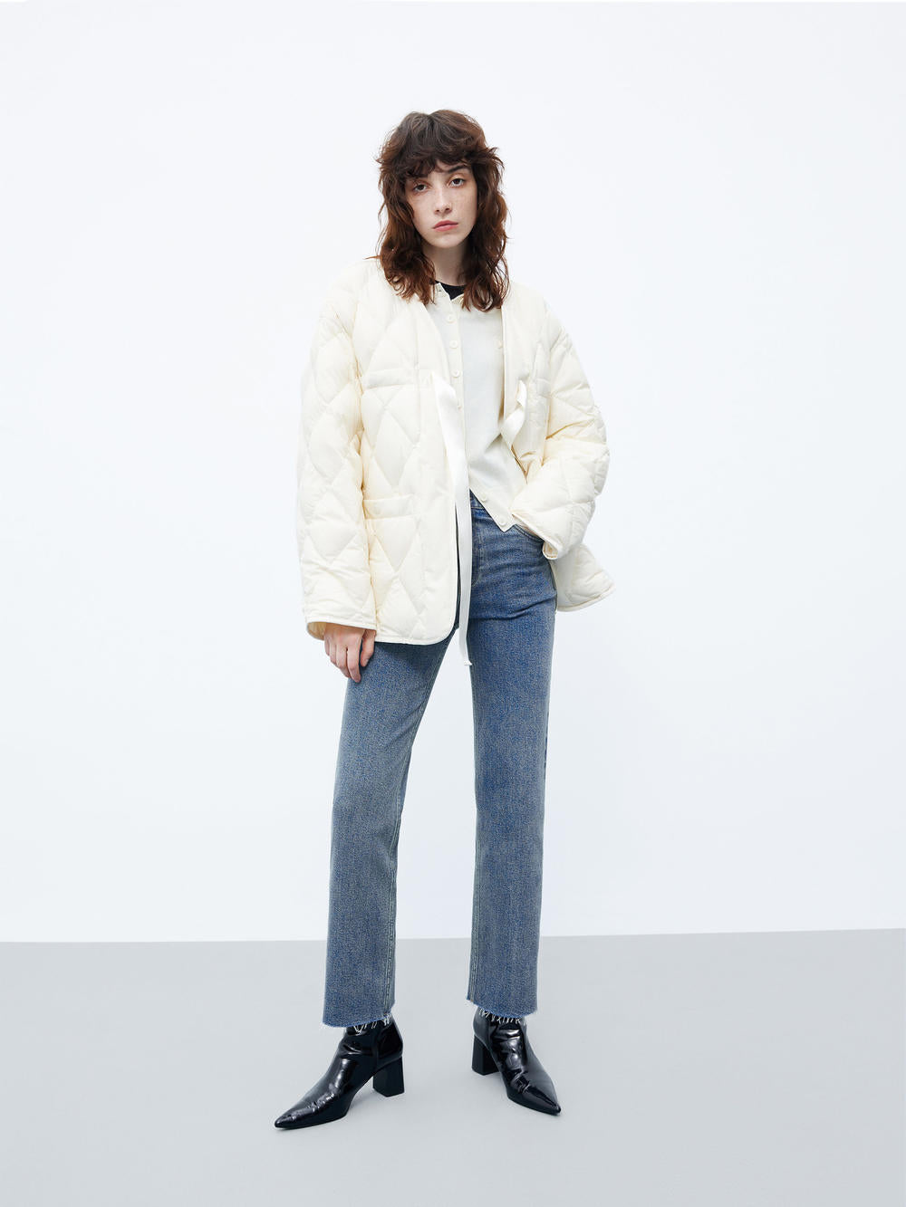 MO&Co. Women's Collarless Tie Detail Lightweight Quilted Down Jacket in Beige