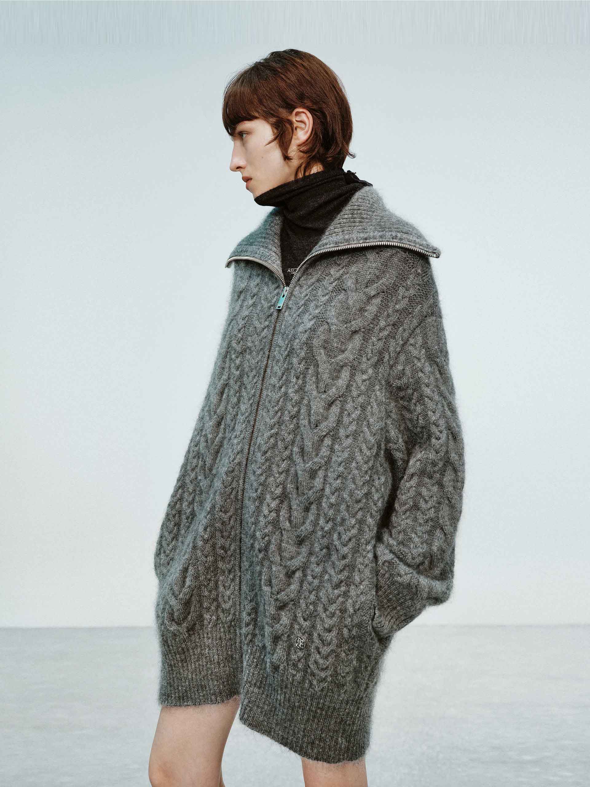 MO&Co. X RECTO Collection Women's Wide Collar Mohair Cable Knit Cardigan in Grey