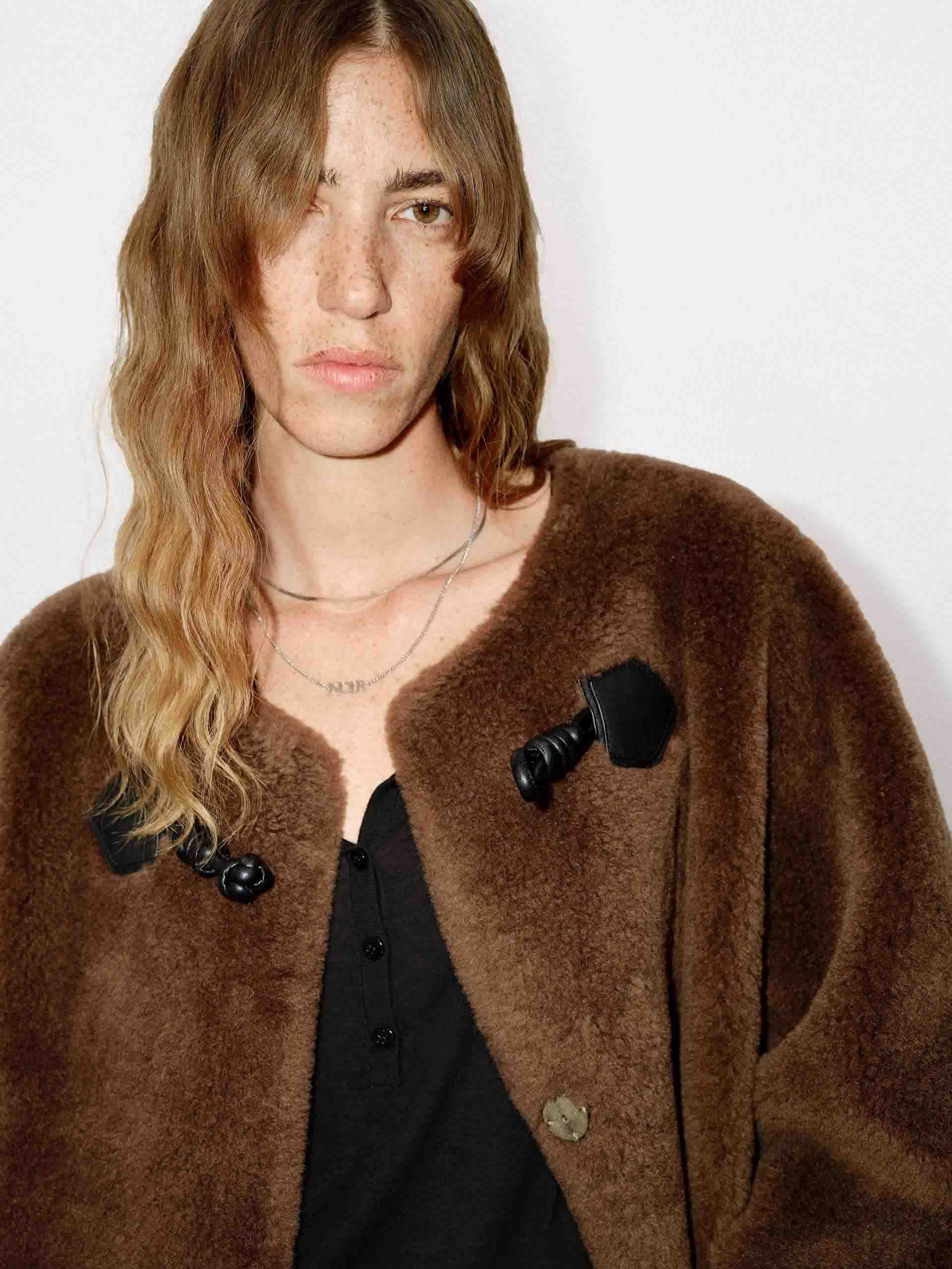 MO&Co. Women's Midi Length Crew Neck Faux Shearling Fuzzy Coat in Brown