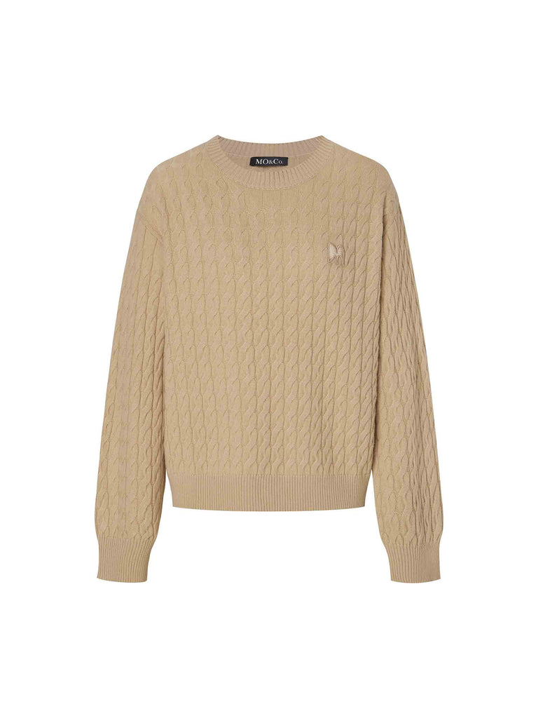 MO&Co. Women's Cable Texture Knit Wool and Cashmere Pullover Sweater in Camel