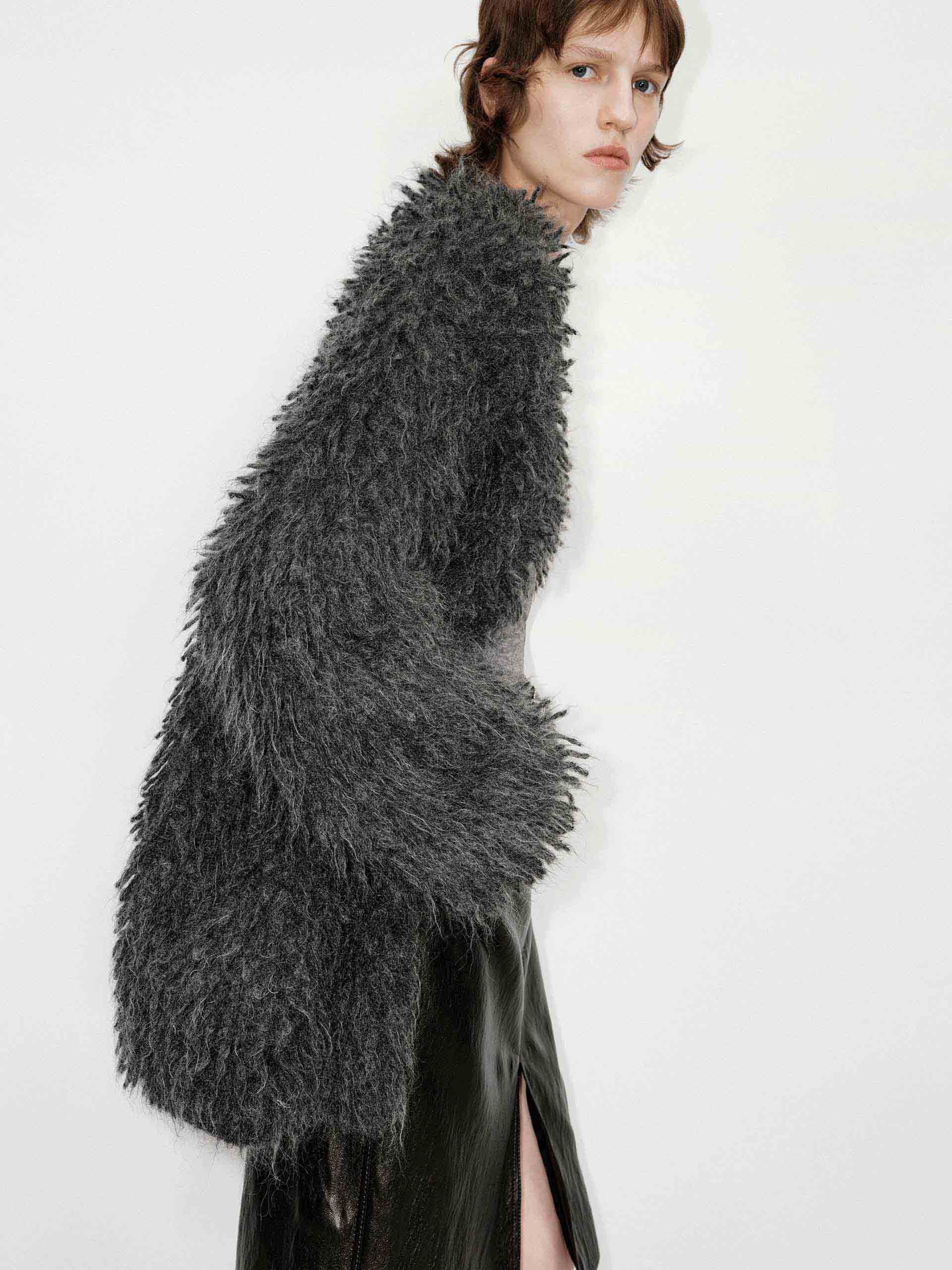 MO&Co. Women's Loose Fit Mohair Blend Fuzzy Long Sleeves Cardigan in Grey