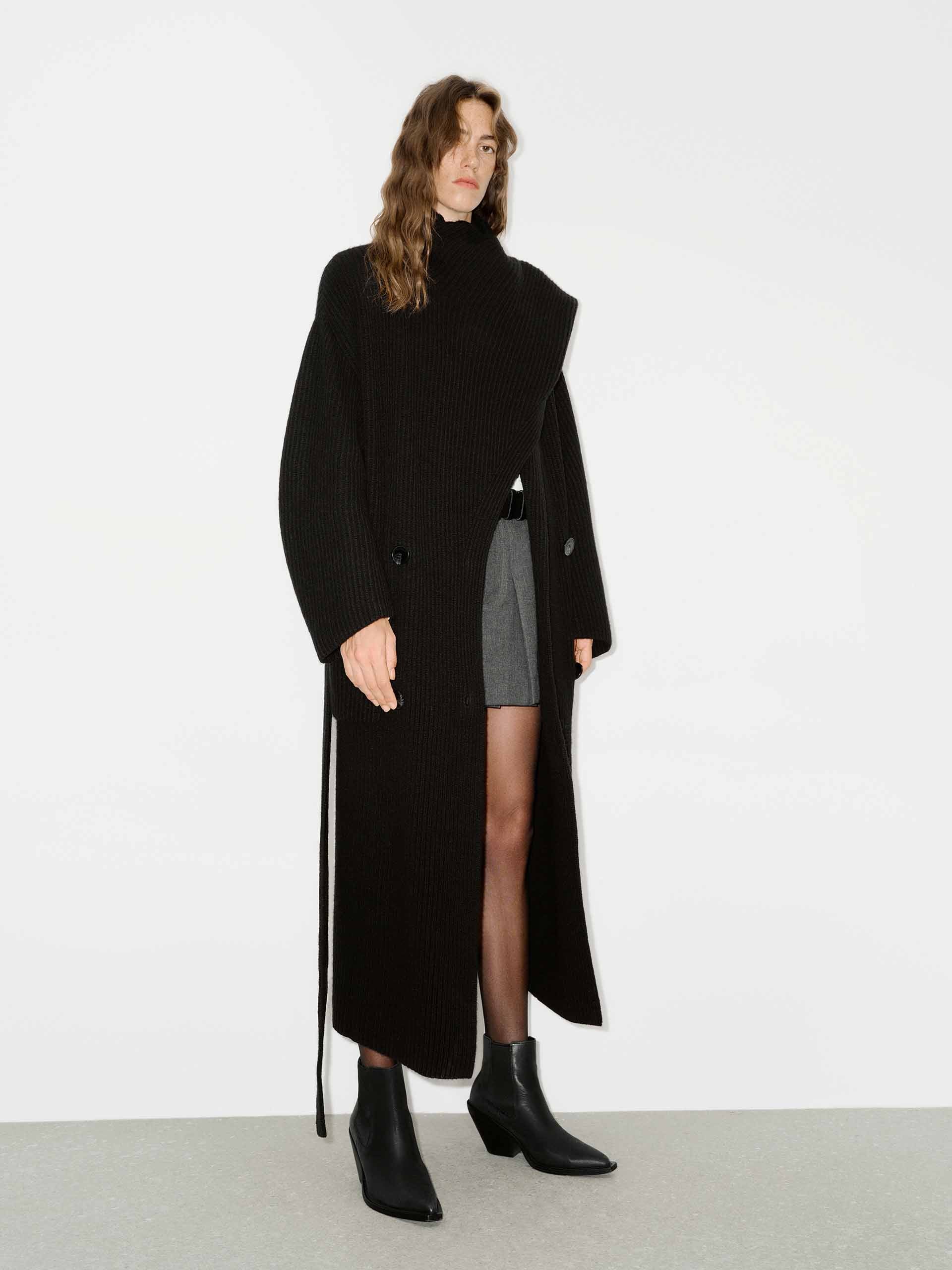 MO&Co. Women's Scarf Collar Wool Alpaca fleece Blend Longline Cardigan in Black