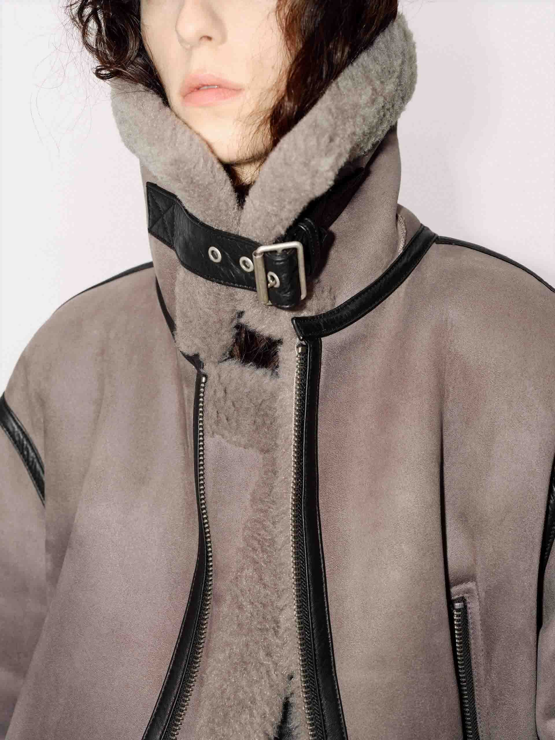 MO&Co. Women's Suede Textured Faux Shearling Fuzzy Biker Jacket in Grey