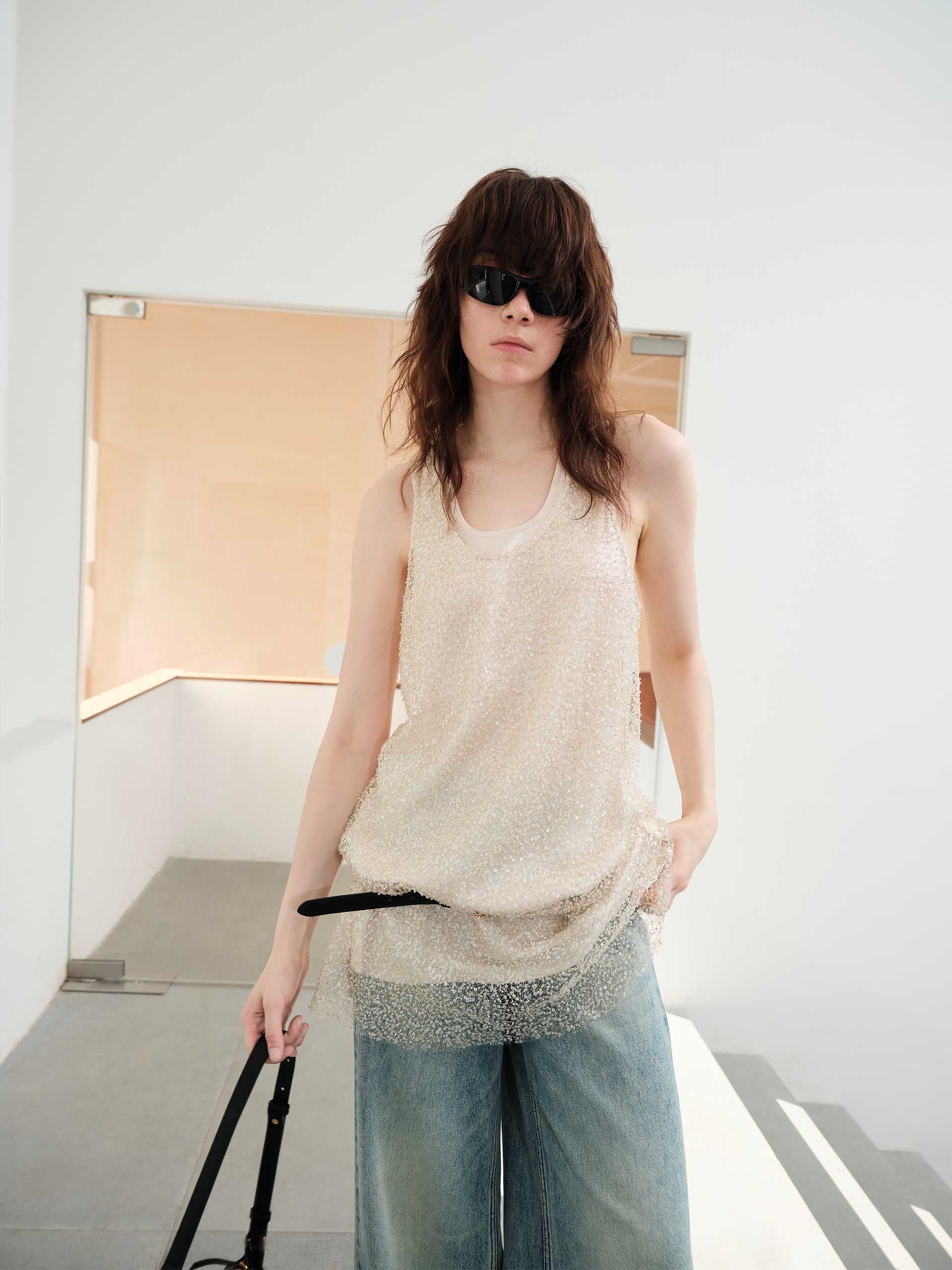 MO&Co. Women's Layered Detail Mini Sequin Dress in Champagne