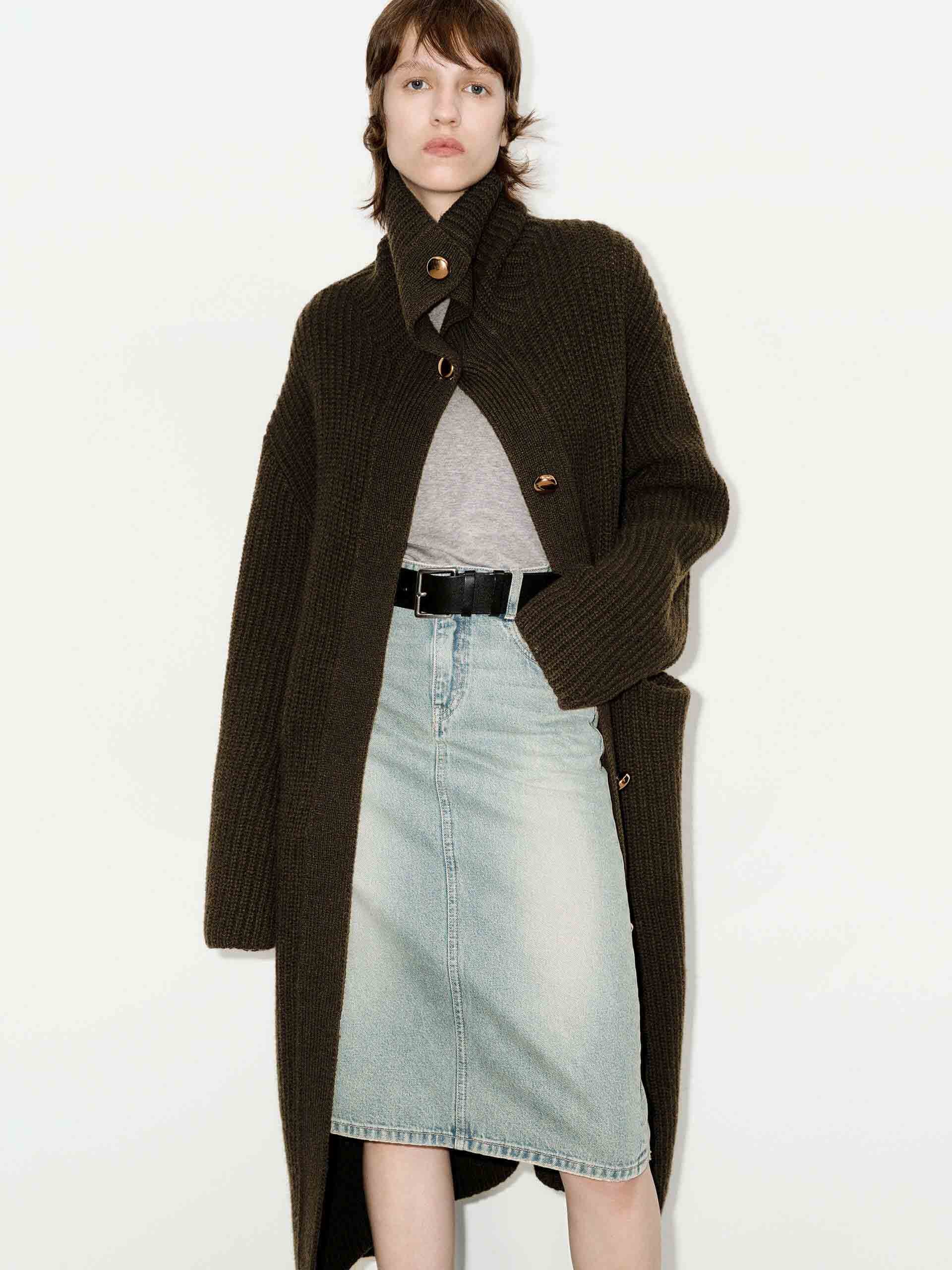 MO&Co. Women's 100% Wool Metallic Button Oversized Long Midi Cardigan in Dark Olive