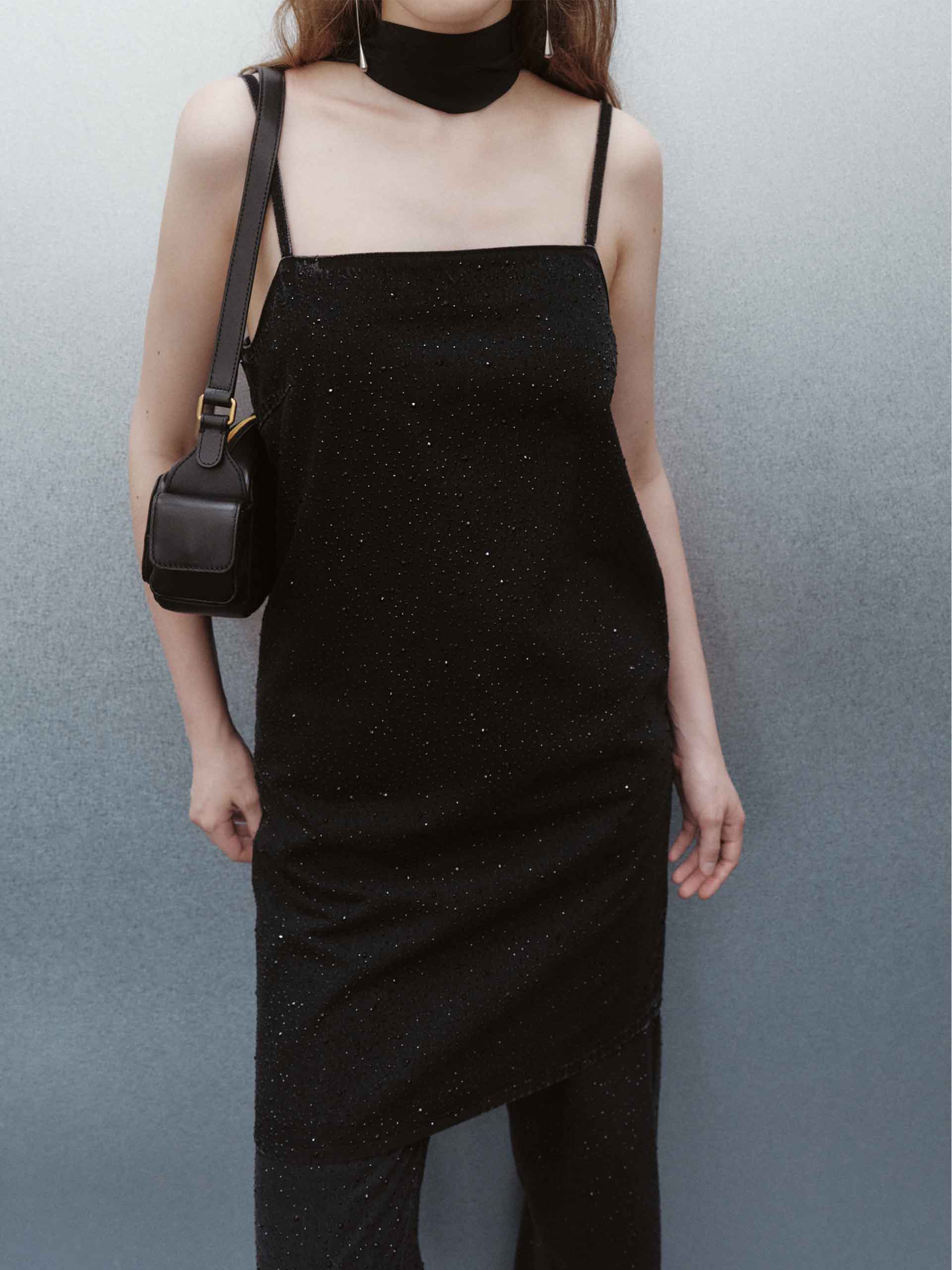 MO&Co. Women's Rhinestone Detail Mini Cami Denim Dress with Long Sleeves Cardigan