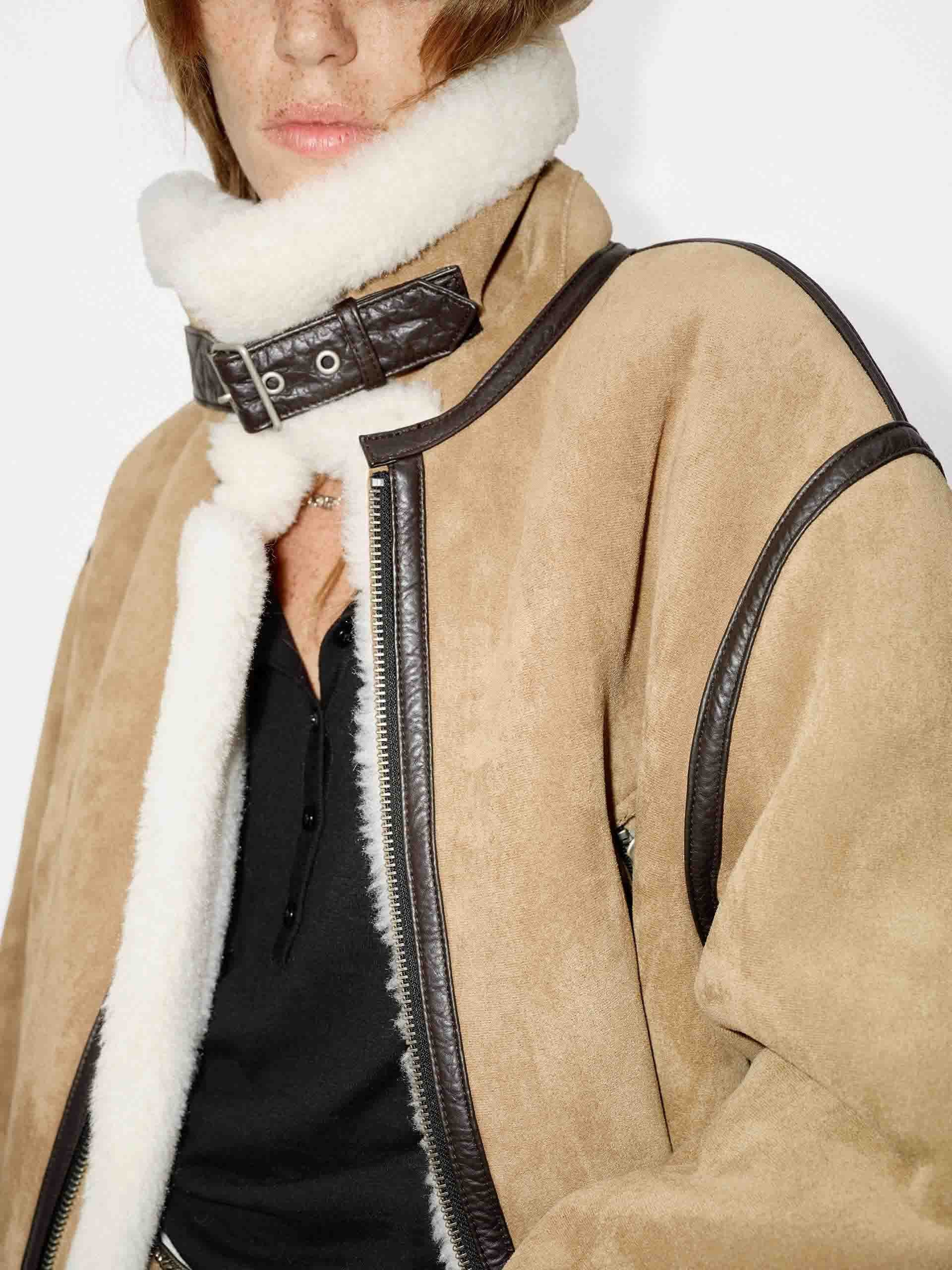 MO&Co. Women's Suede Textured Faux Shearling Fuzzy Biker Jacket in Camel