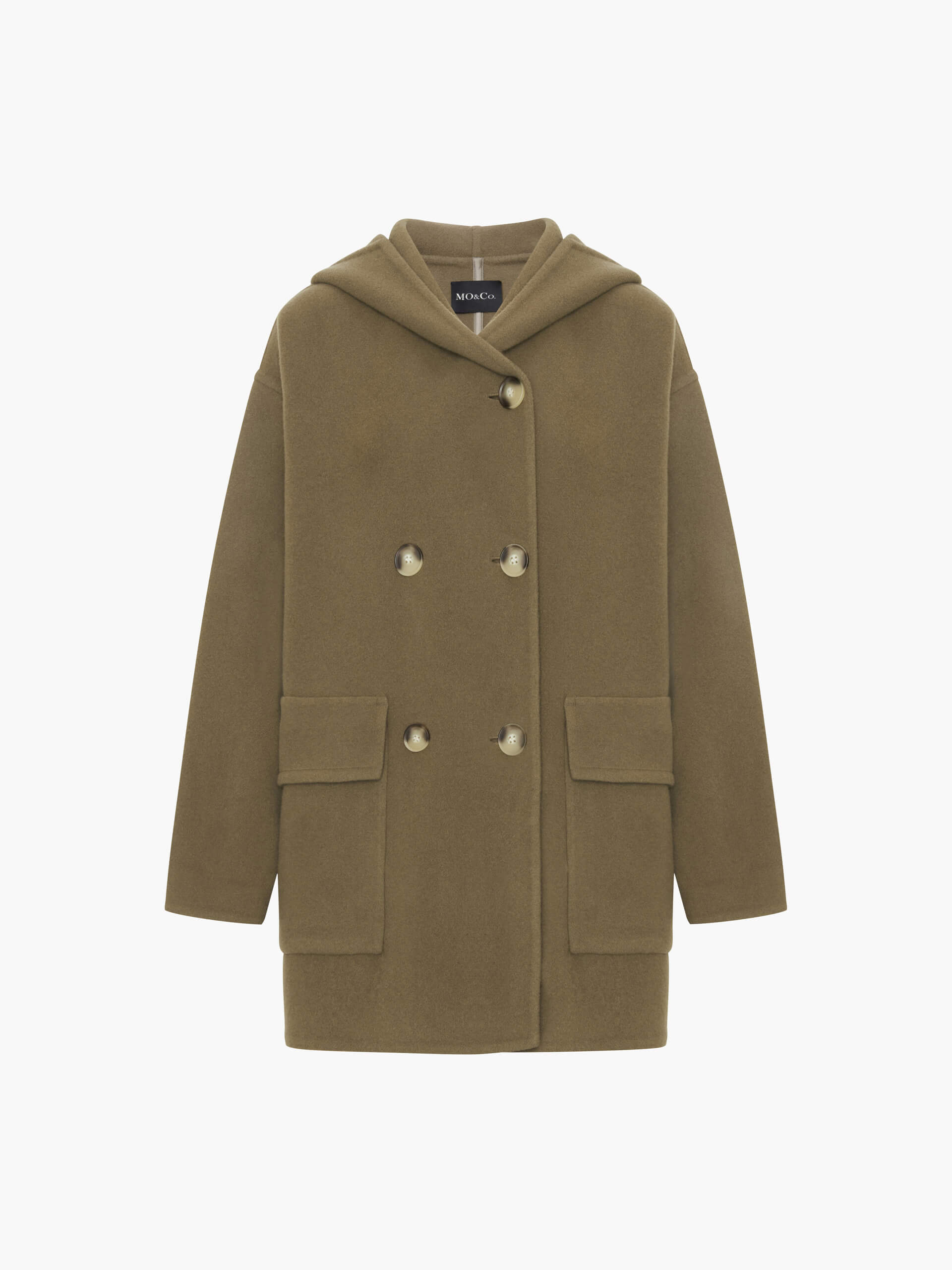 MO&Co. Women's Wool Blend Hooded Midi Coat in Olive