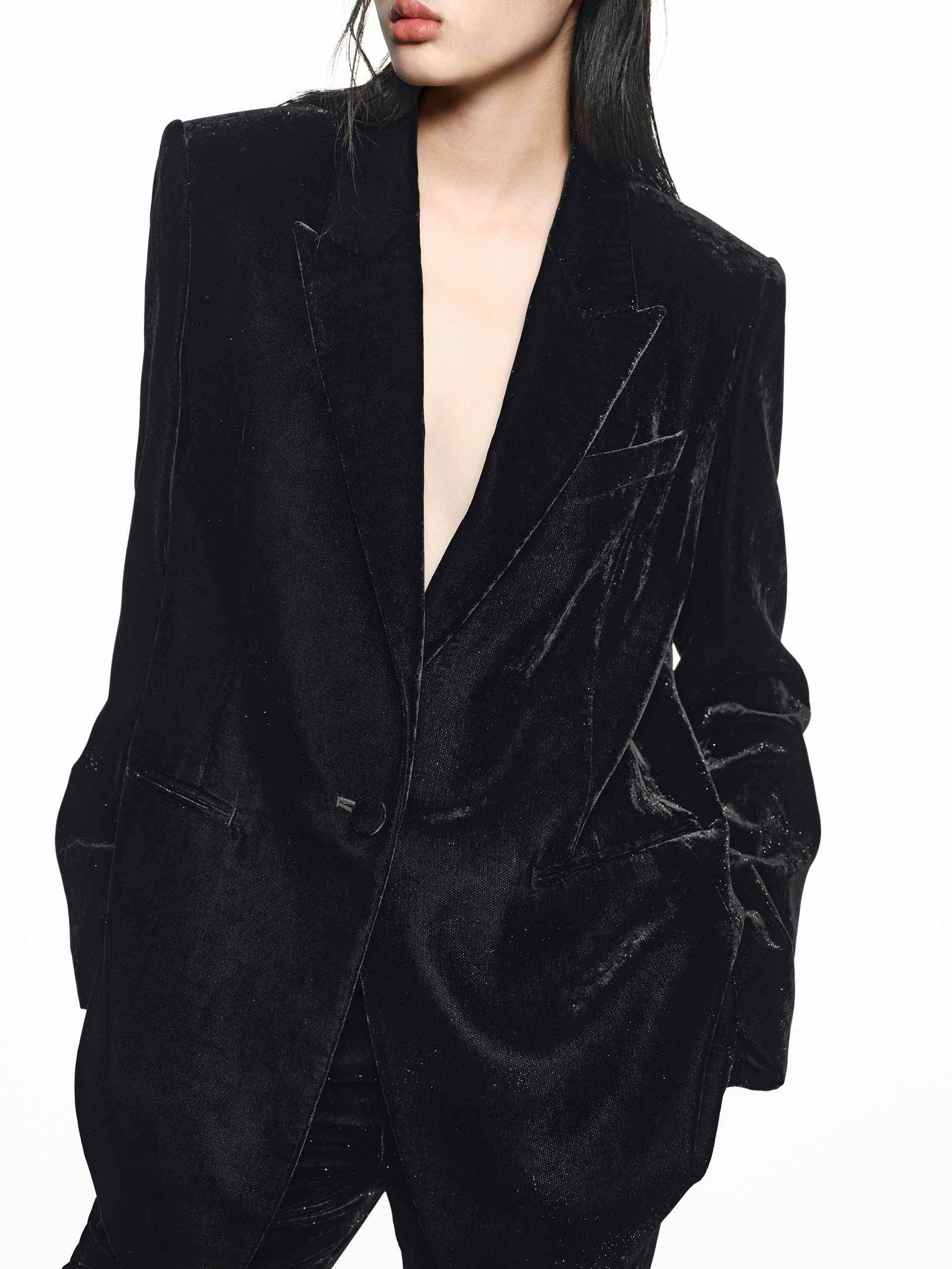 MO&Co. Women's Single Breasted Velvet Formal Blazer in Black