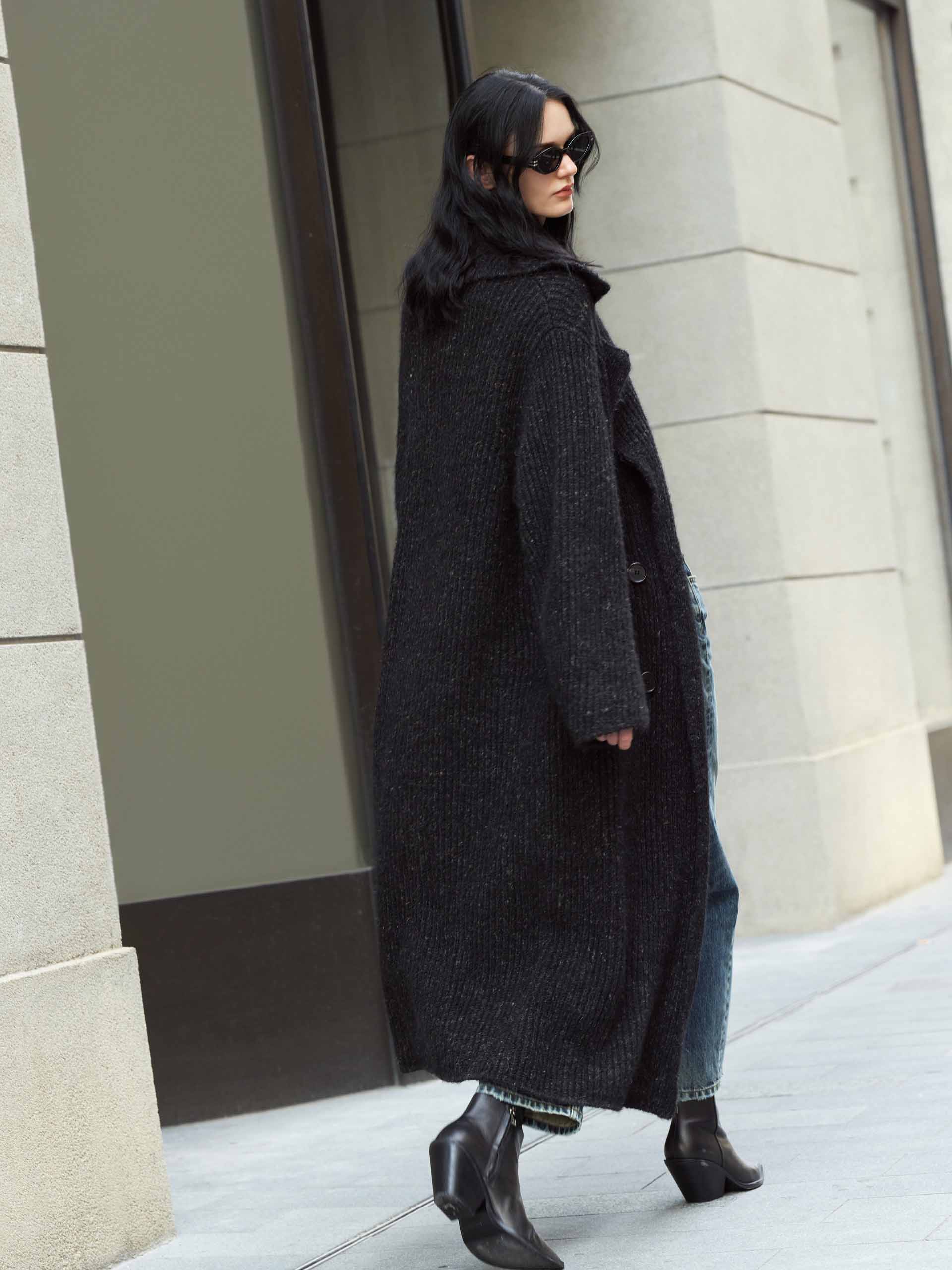 MO&Co. Noir Collection Women's Alpaca Blend Long Notch Lapel Cardigan in Black