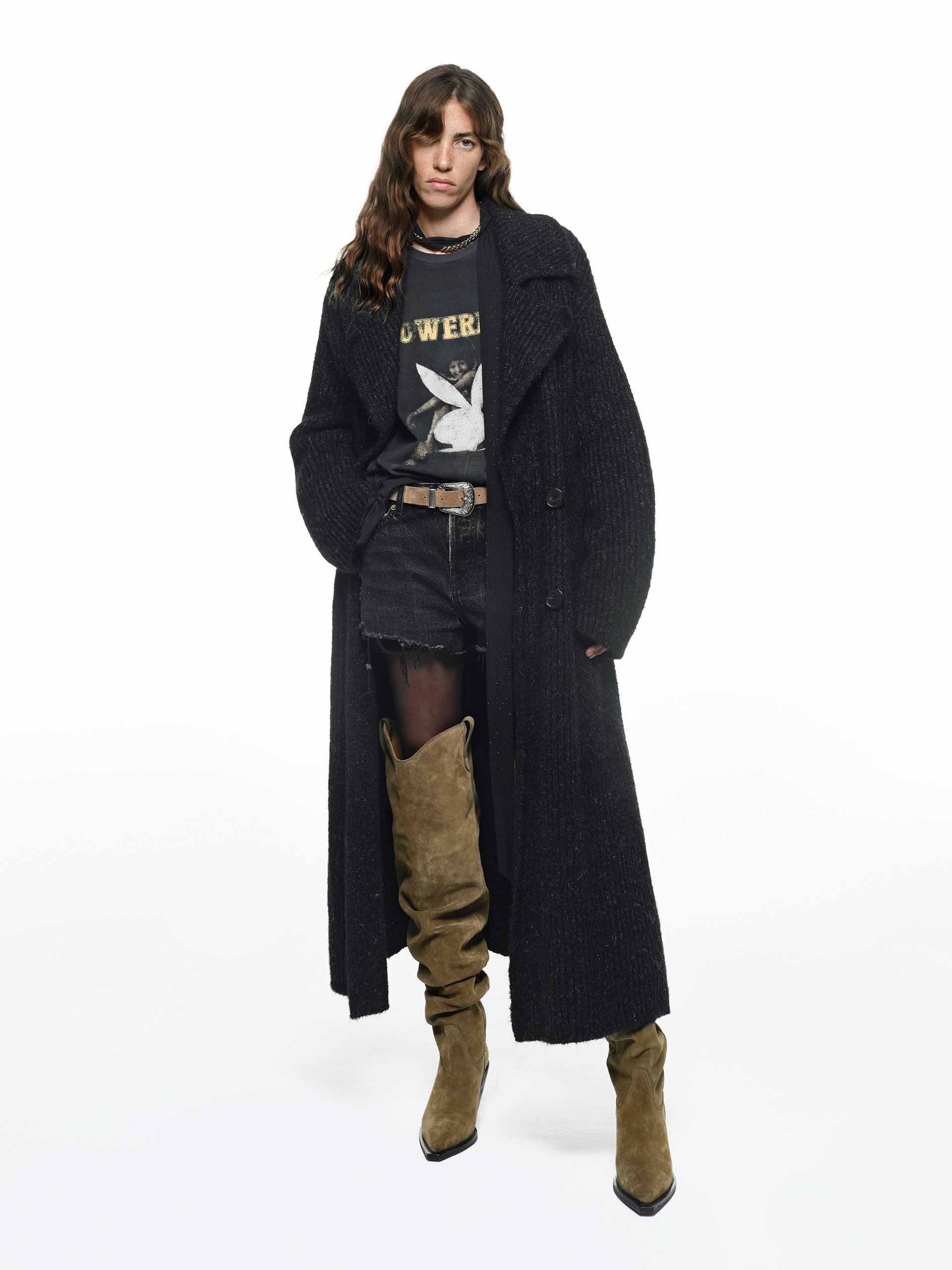 MO&Co. Noir Collection Women's Alpaca Blend Long Notch Lapel Cardigan in Black