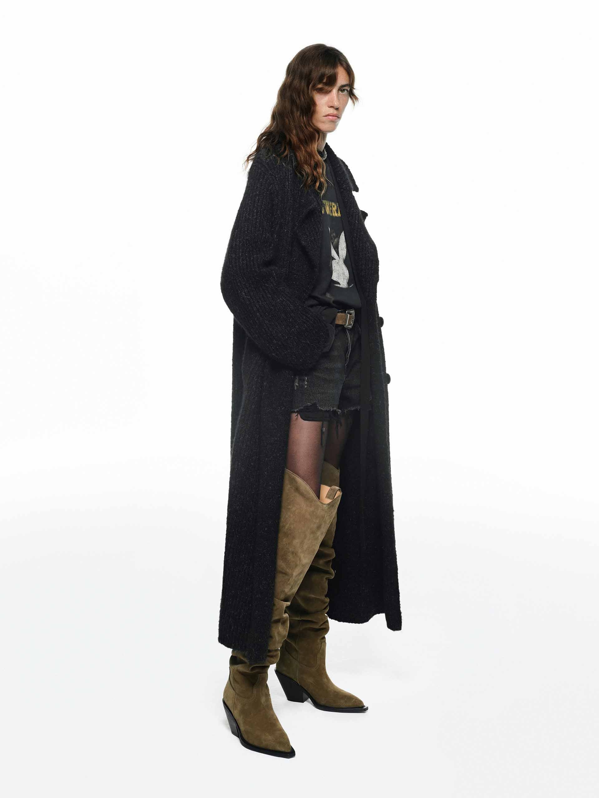 MO&Co. Noir Collection Women's Alpaca Blend Long Notch Lapel Cardigan in Black