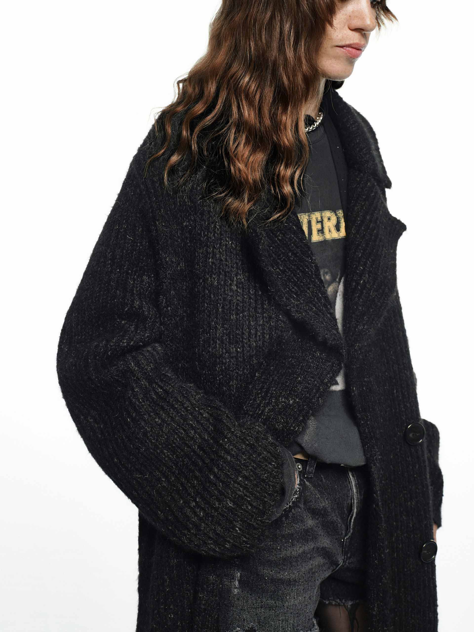 MO&Co. Noir Collection Women's Alpaca Blend Long Notch Lapel Cardigan in Black