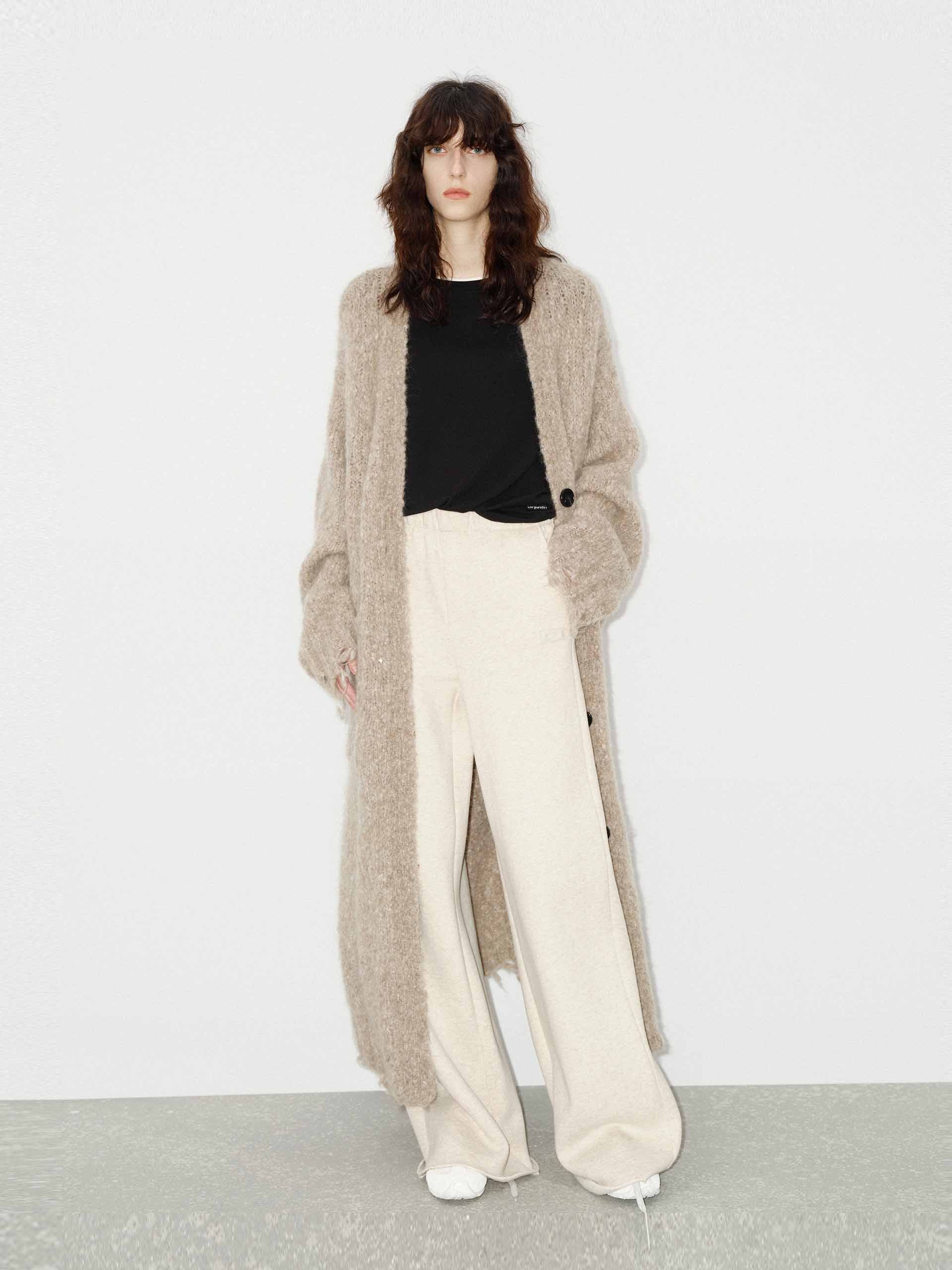 MO&Co. Women's Distressed Detail Alpaca fleece Long Cardigan in Khaki