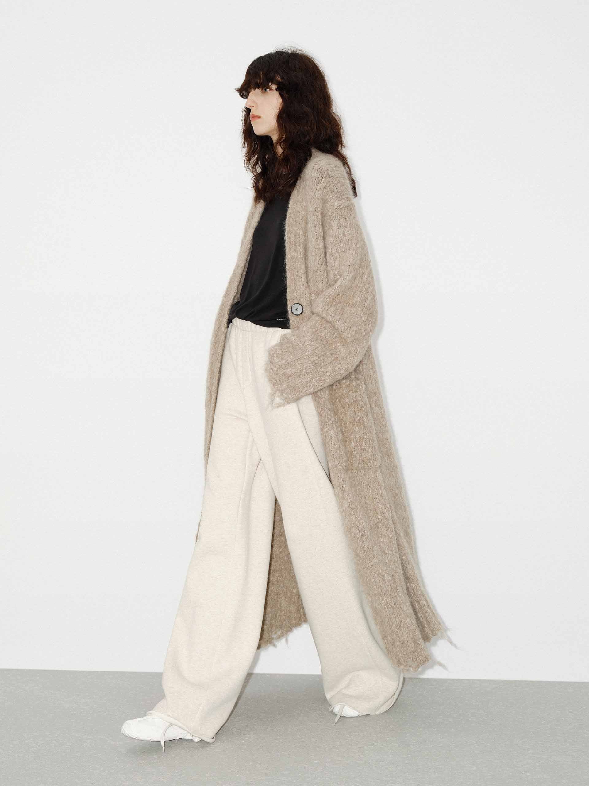 MO&Co. Women's Distressed Detail Alpaca fleece Long Cardigan in Khaki