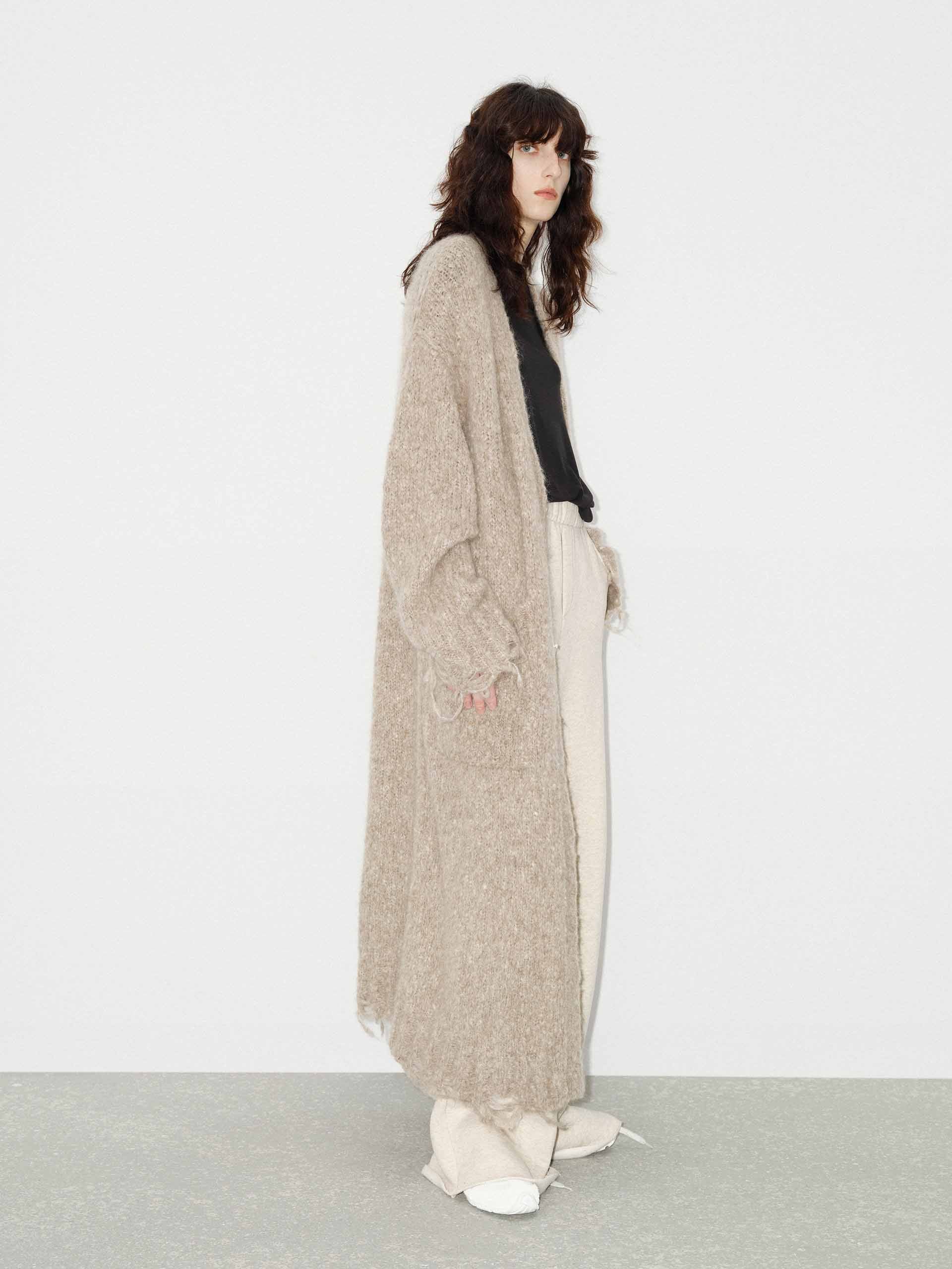 MO&Co. Women's Distressed Detail Alpaca fleece Long Cardigan in Khaki
