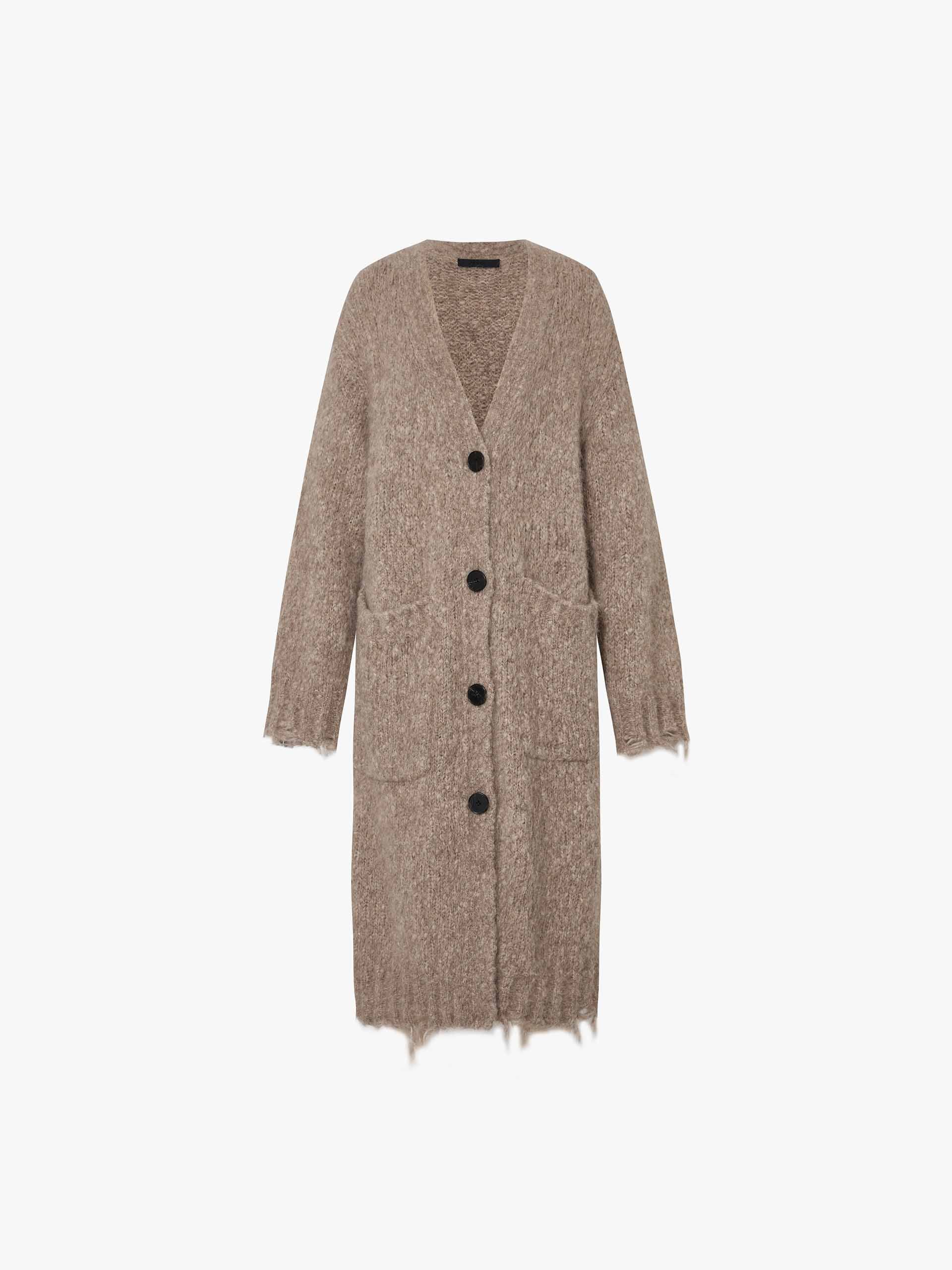 MO&Co. Women's Distressed Detail Alpaca fleece Long Cardigan in Khaki