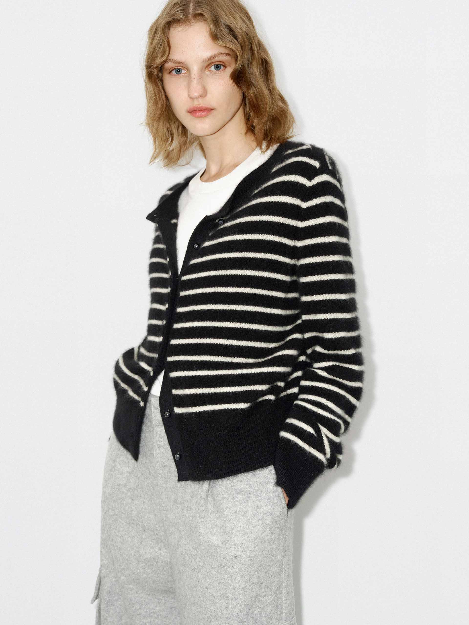 MO&Co. Women's Wool Blend Button Closure Black and White Striped Long Sleeves Cardigan
