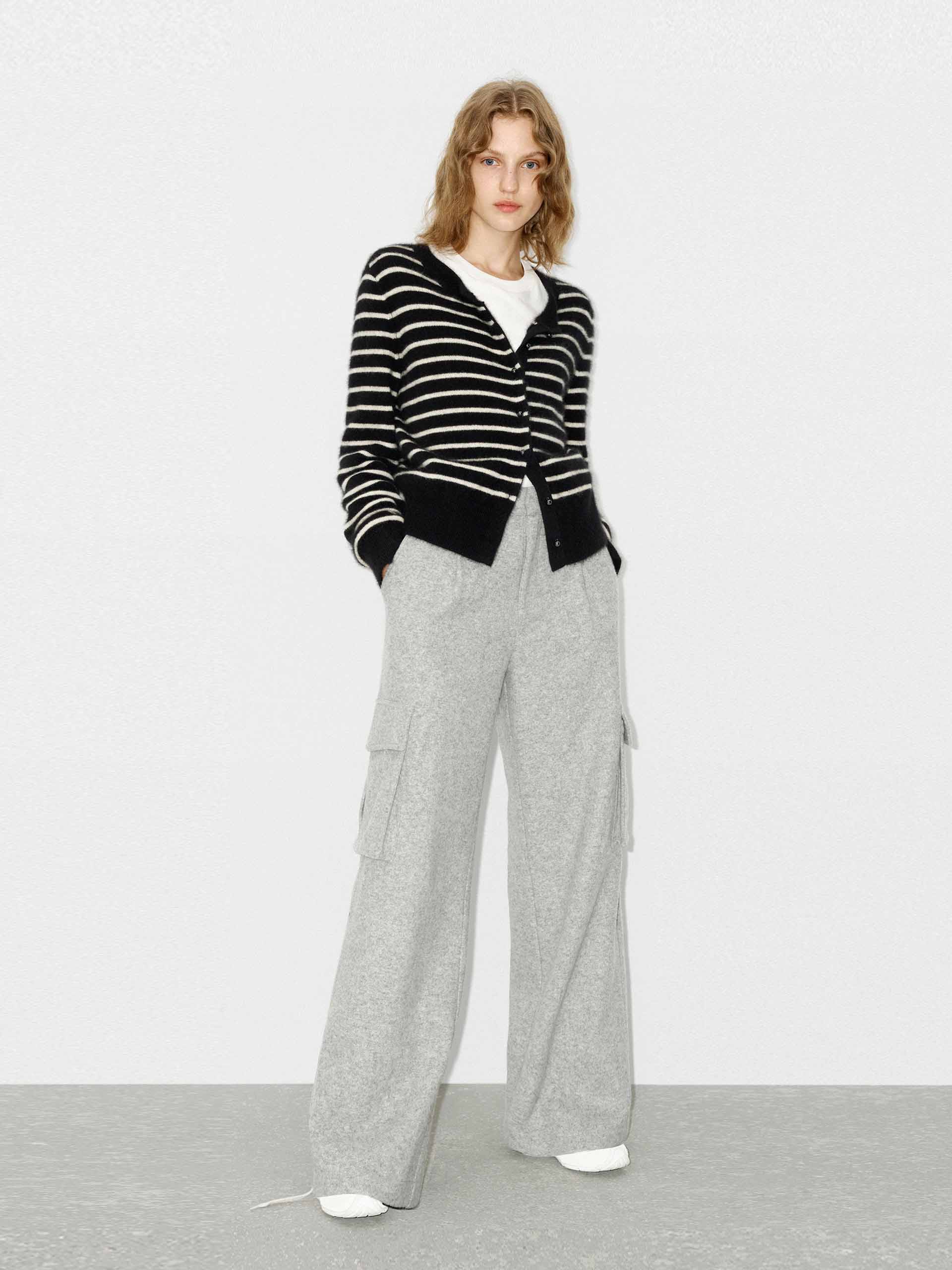 MO&Co. Women's Wool Blend Button Closure Black and White Striped Long Sleeves Cardigan