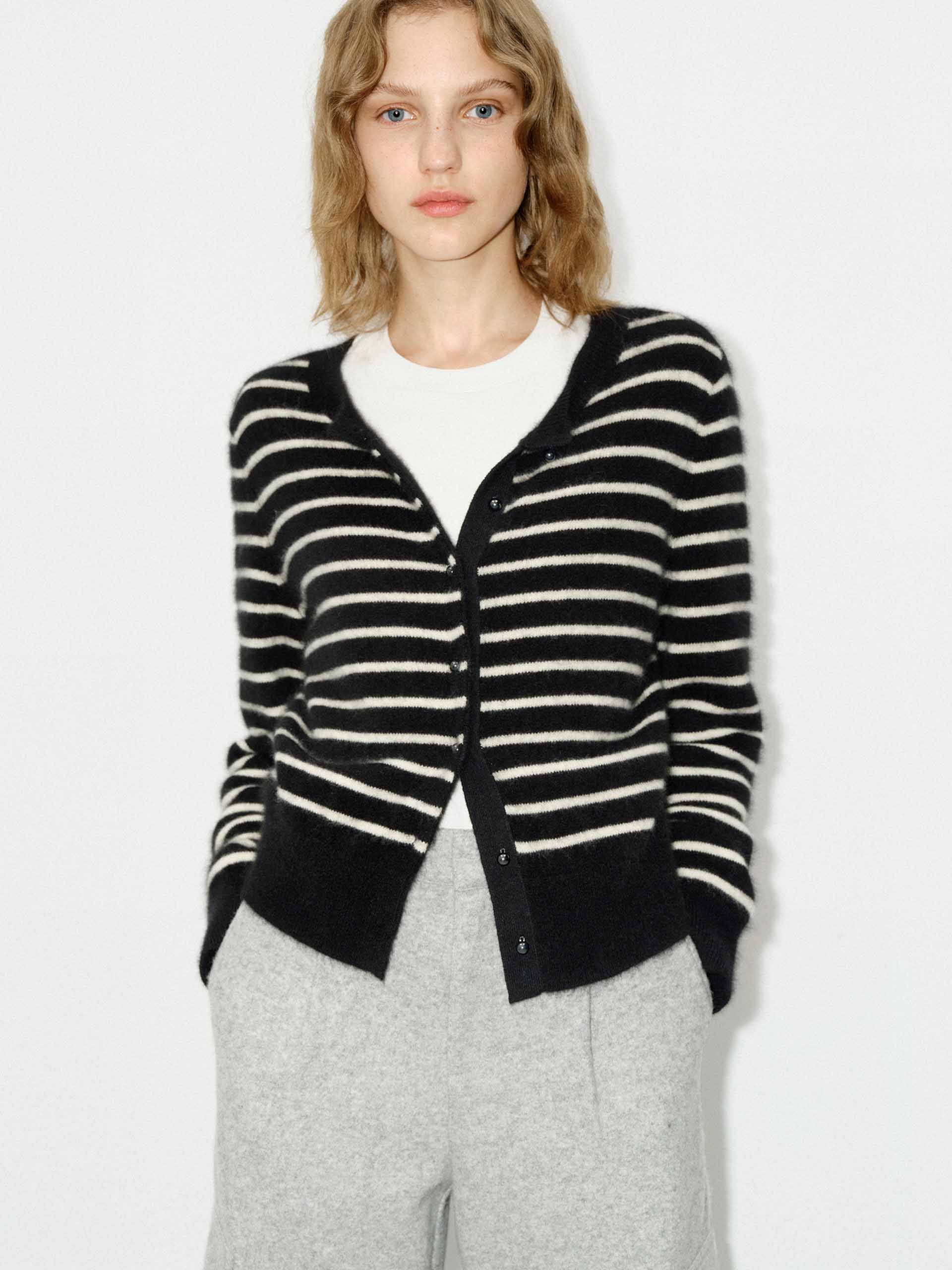 MO&Co. Women's Wool Blend Button Closure Striped Long Sleeves Cardigan