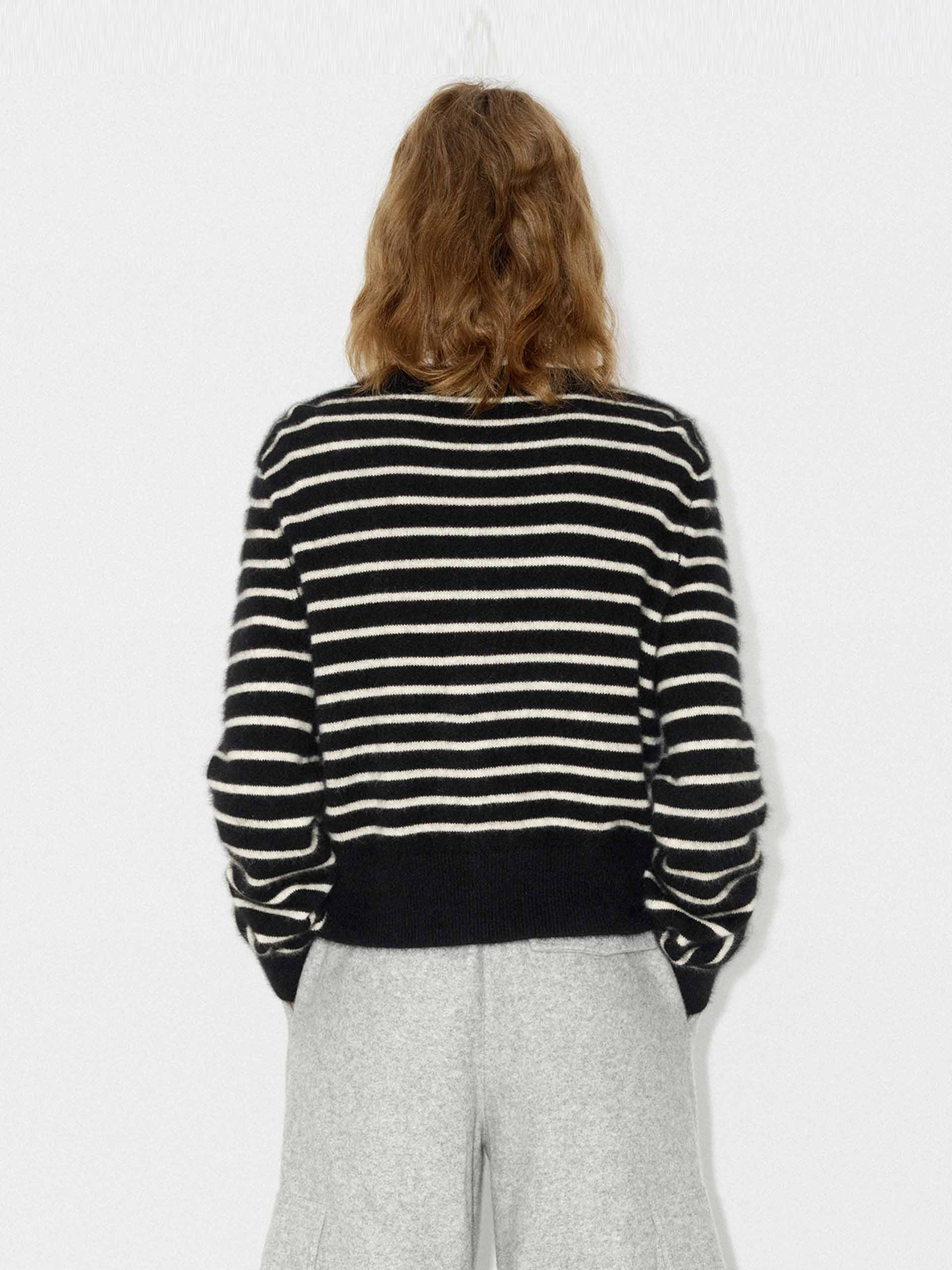 MO&Co. Women's Wool Blend Button Closure Black and White Striped Long Sleeves Cardigan