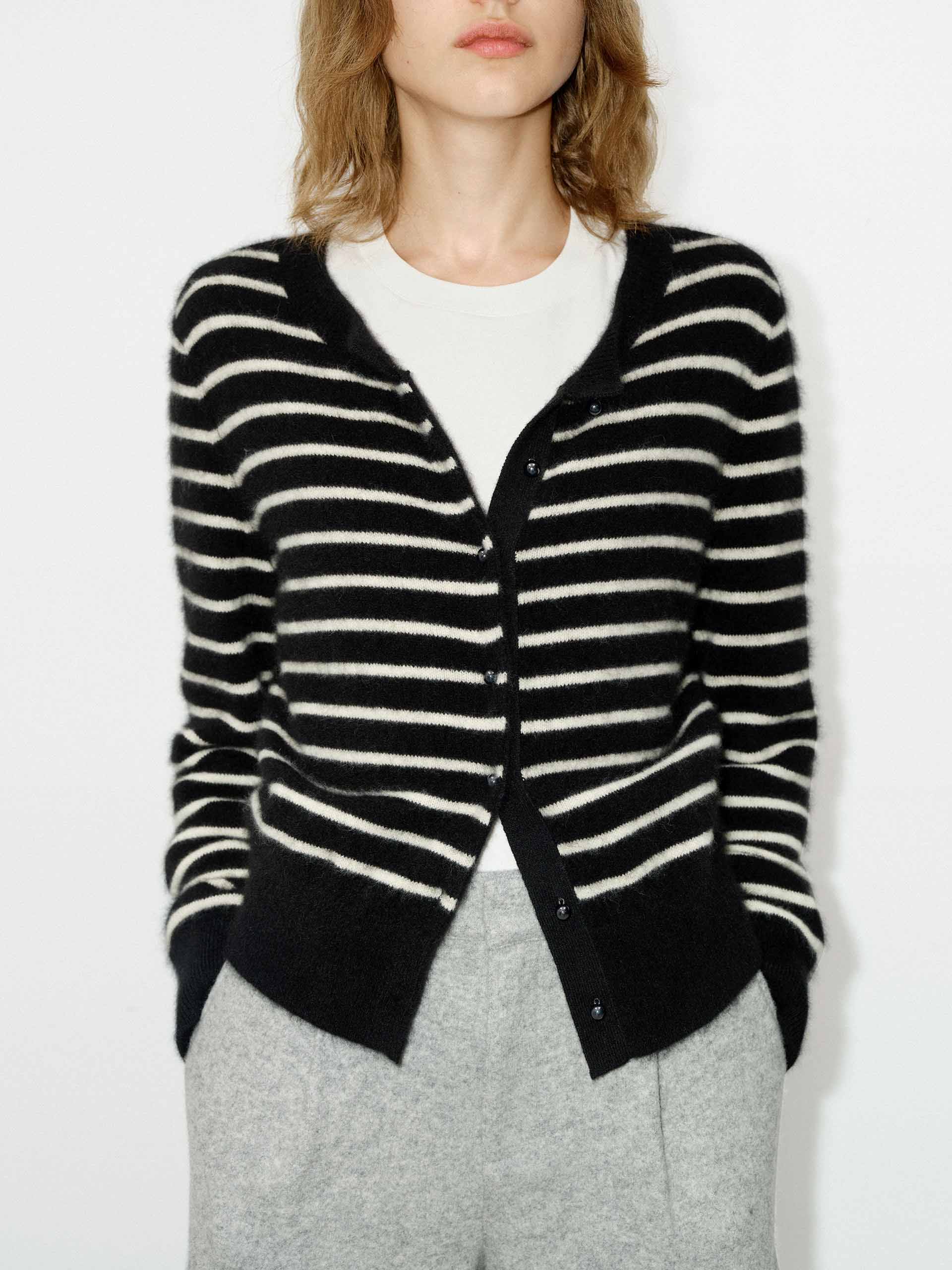 MO&Co. Women's Wool Blend Button Closure Black and White Striped Long Sleeves Cardigan