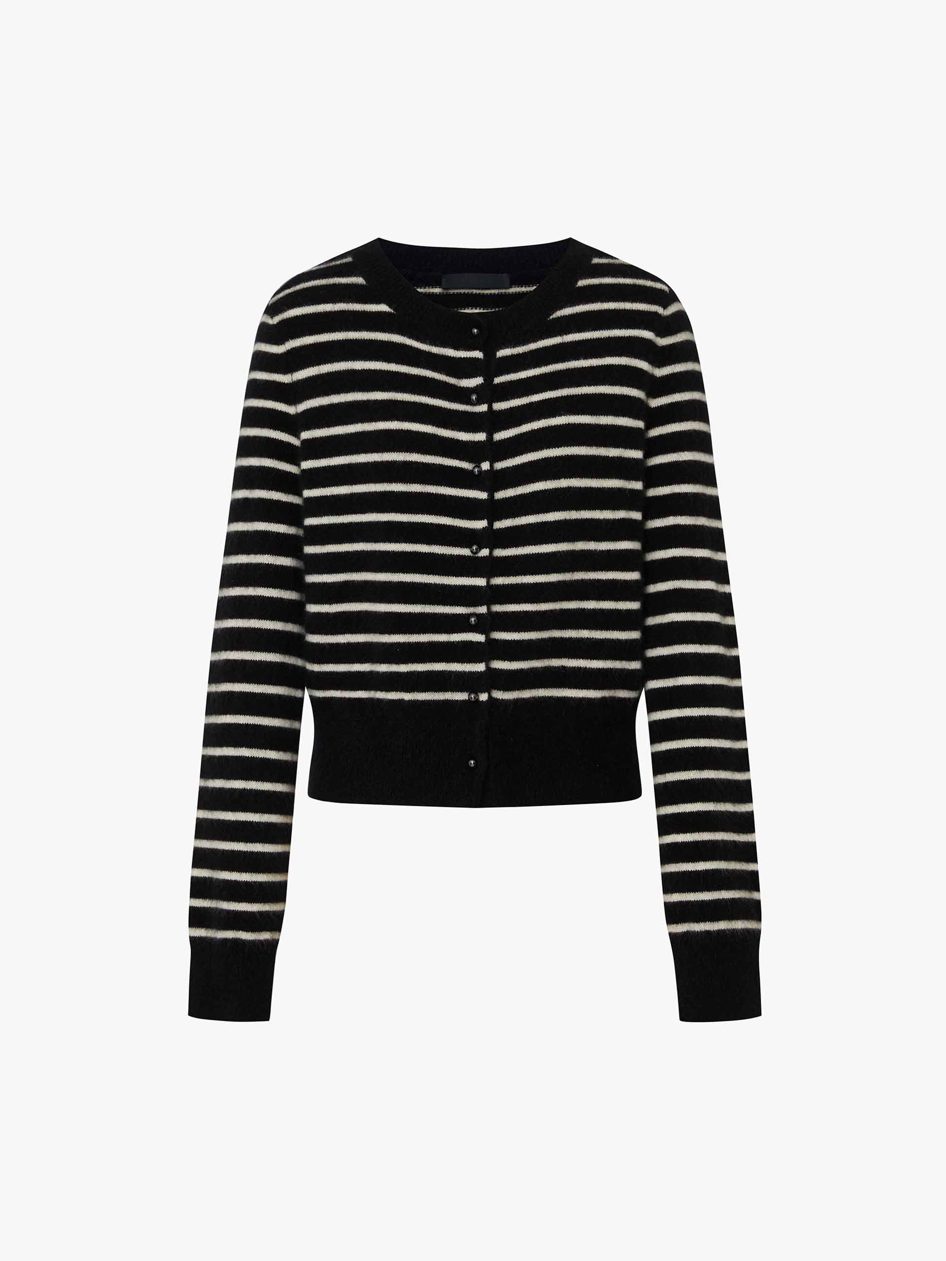 MO&Co. Women's Wool Blend Button Closure Black and White Striped Long Sleeves Cardigan