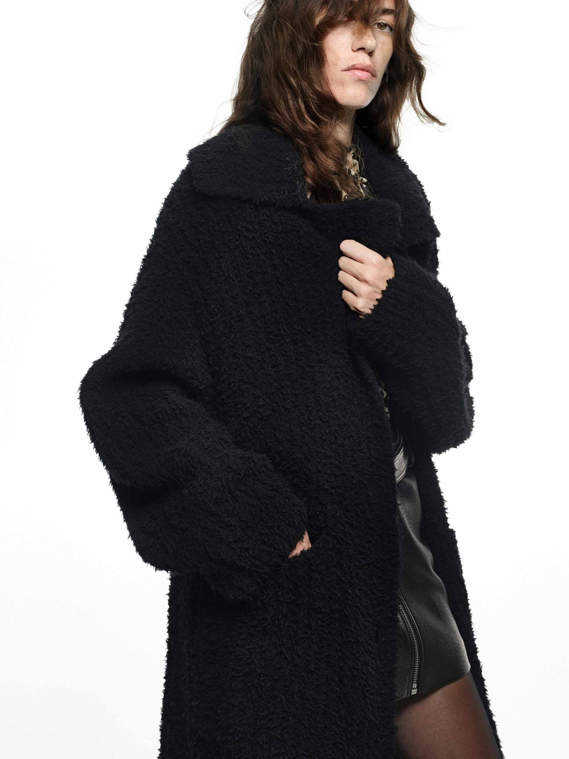 MO&Co. Noir Collection Women's Notch Lapel Wool Blend Soft Fluffy Long Cardigan in Black
