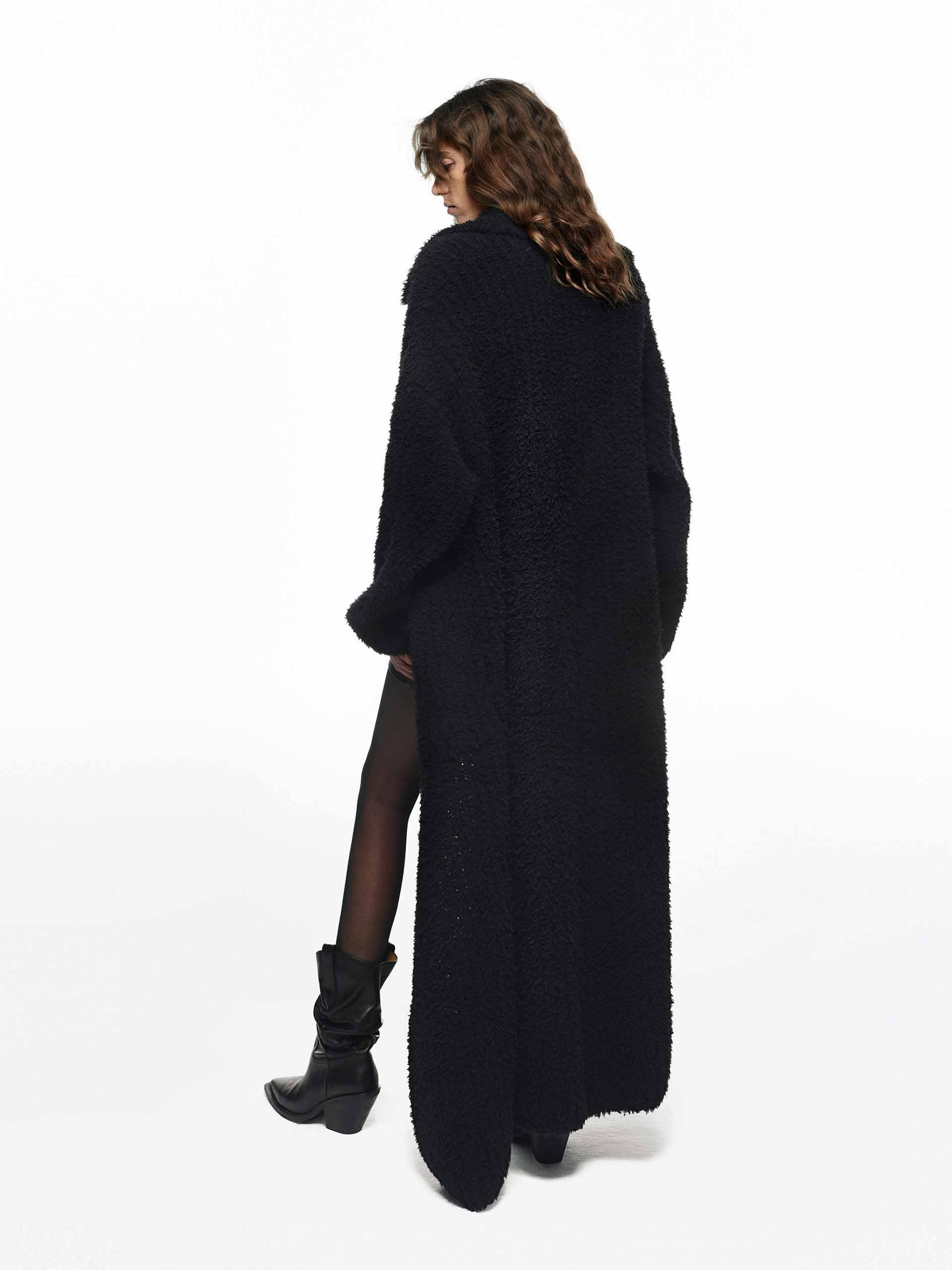 MO&Co. Noir Collection Women's Notch Lapel Wool Blend Soft Fluffy Long Cardigan in Black