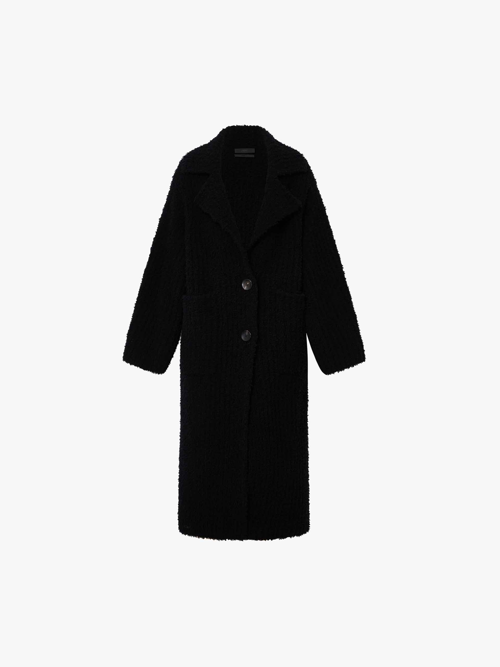 MO&Co. Noir Collection Women's Notch Lapel Wool Blend Soft Fluffy Long Cardigan in Black