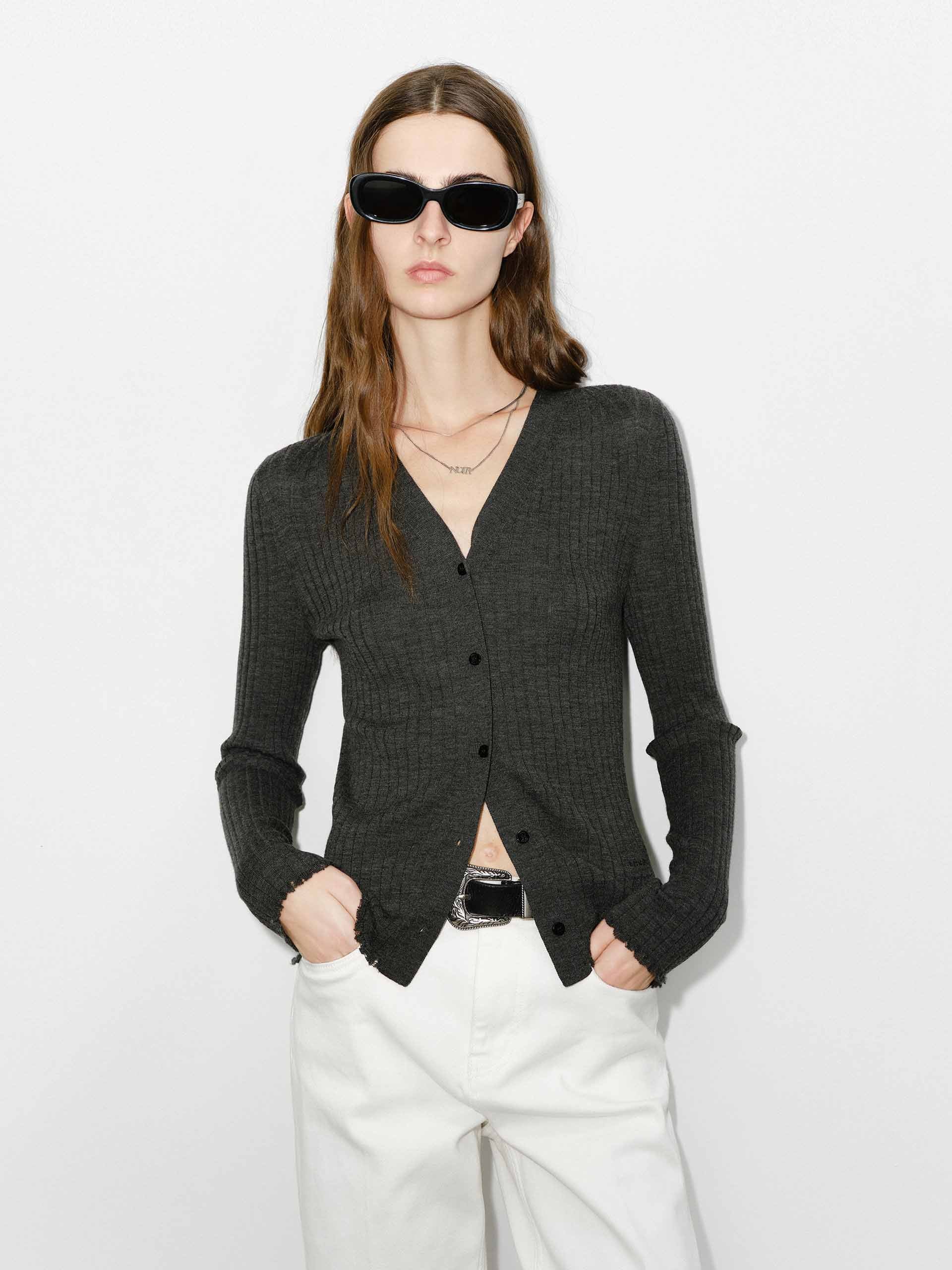 MO&Co. Women's Close Fit Lightweight Wool V-neck Knit Cardigan in Dark Grey