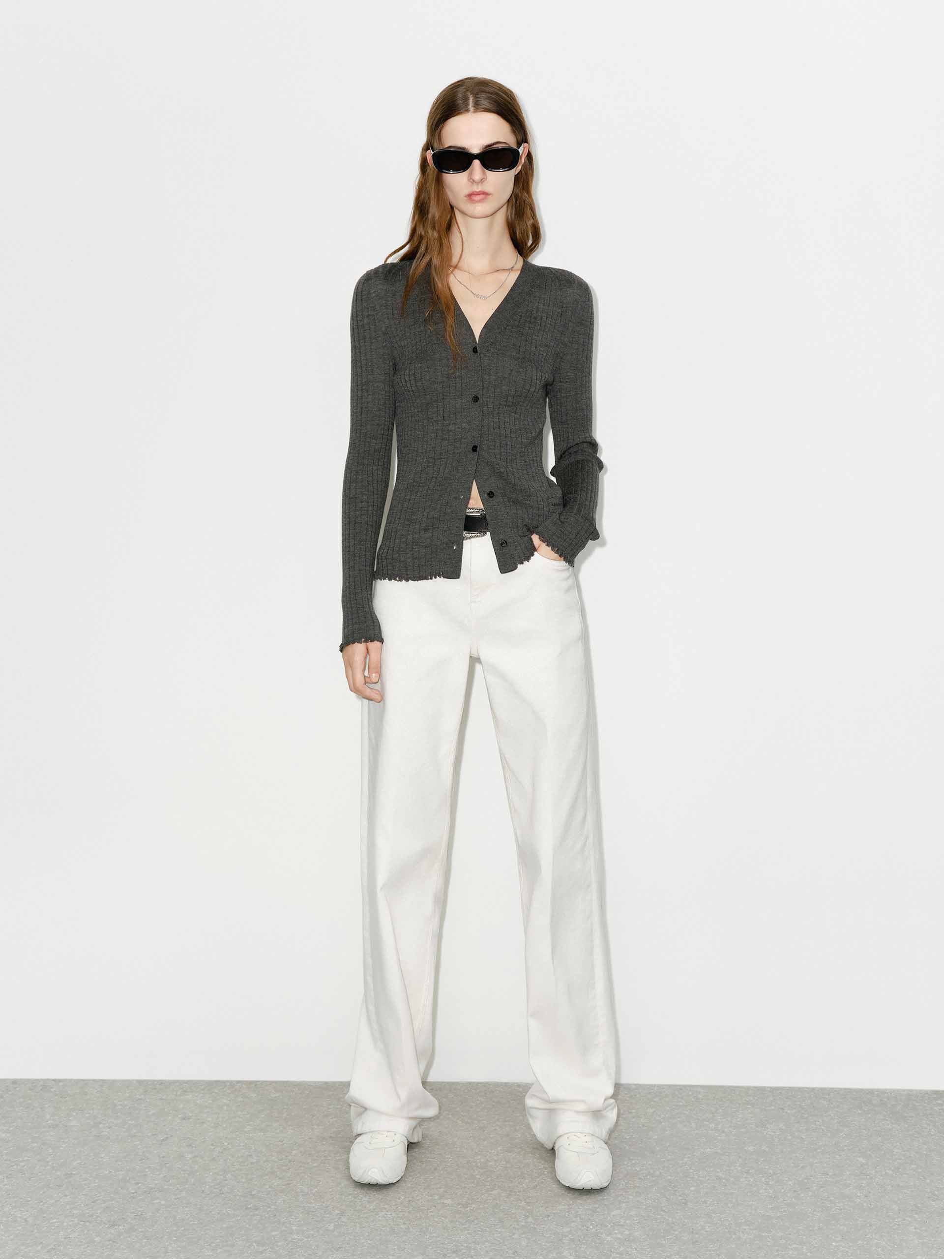 MO&Co. Women's Close Fit Lightweight Wool V-neck Knit Cardigan in Dark Grey