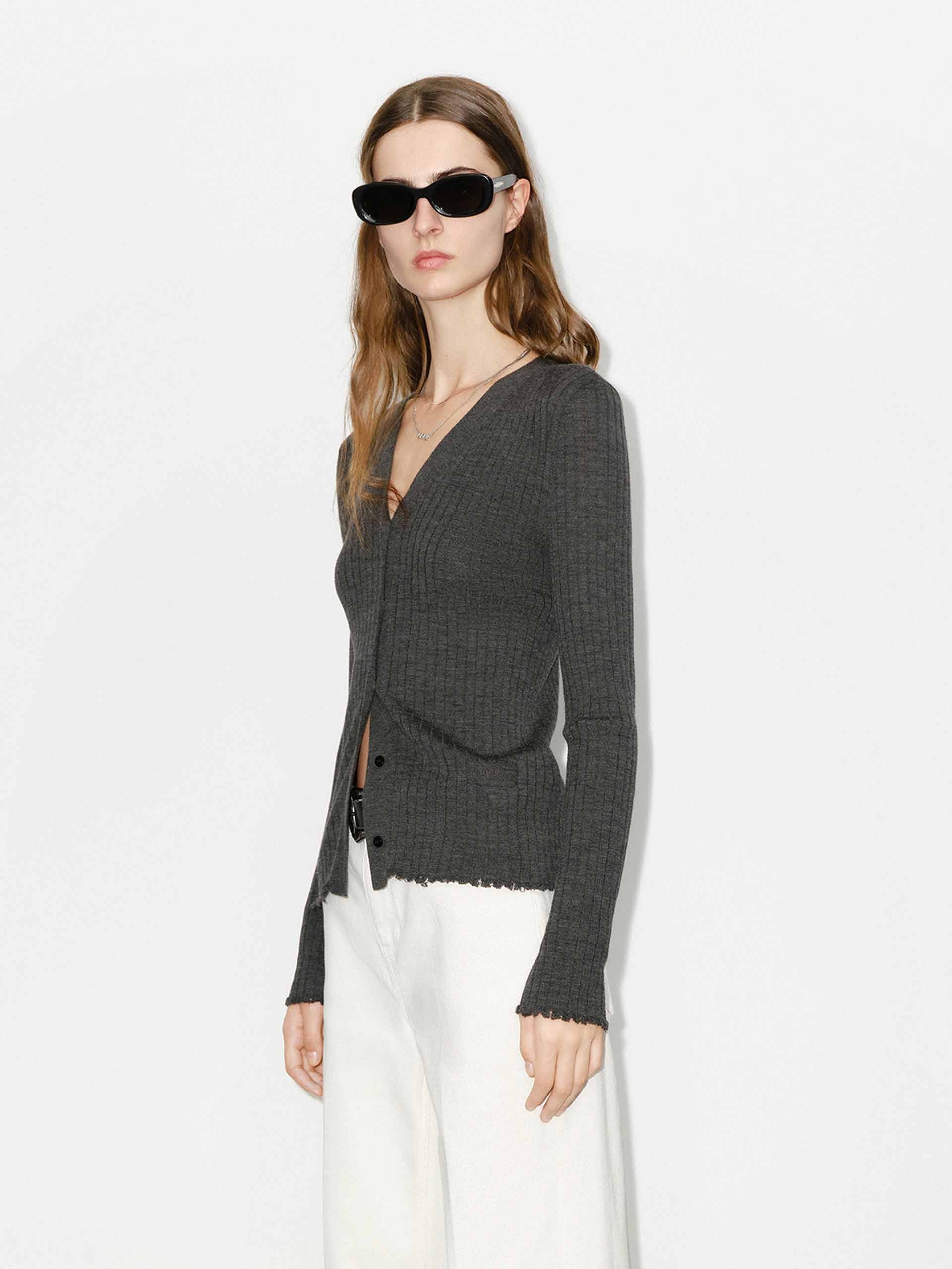 MO&Co. Women's Close Fit Lightweight Wool V-neck Knit Cardigan in Dark Grey