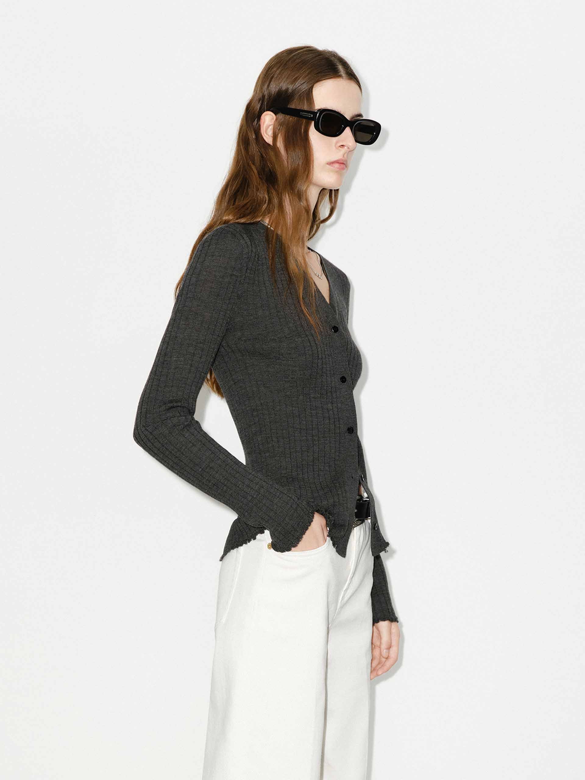 MO&Co. Women's Close Fit Lightweight Wool V-neck Knit Cardigan in Dark Grey