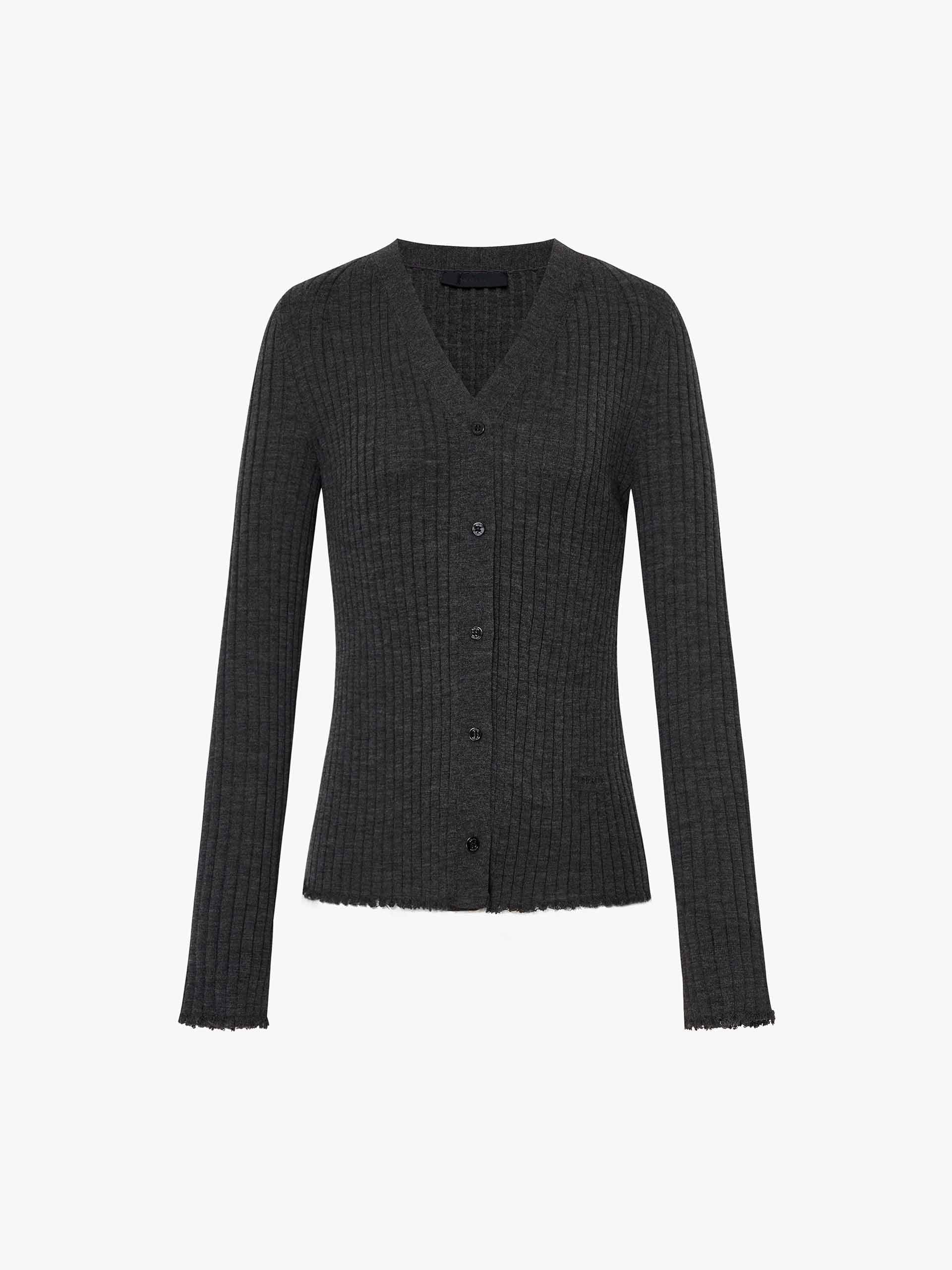 MO&Co. Women's Close Fit Lightweight Wool V-neck Knit Cardigan in Dark Grey