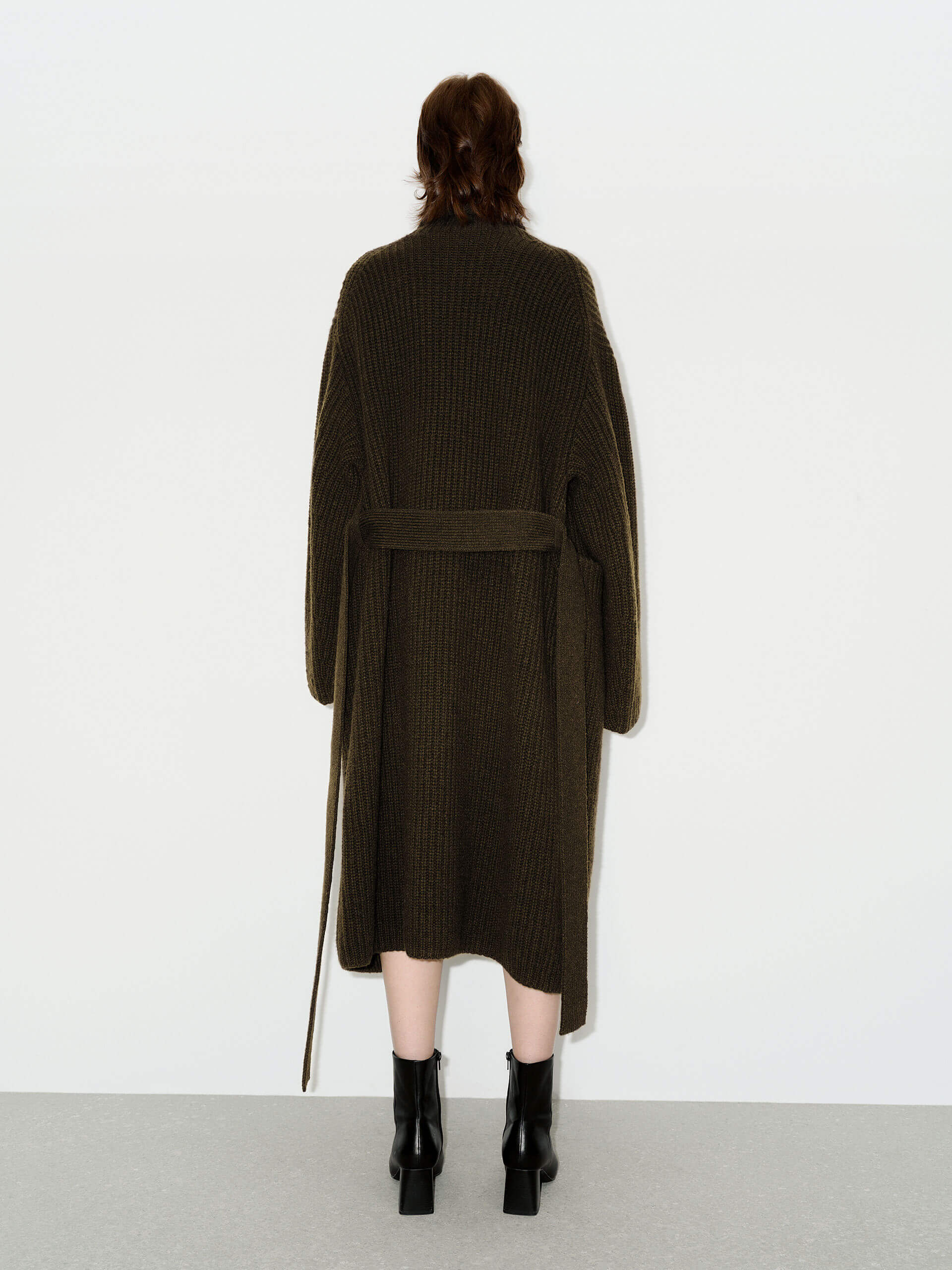 MO&Co. Women's 100% Wool Metallic Button Oversized Long Midi Cardigan in Dark Olive