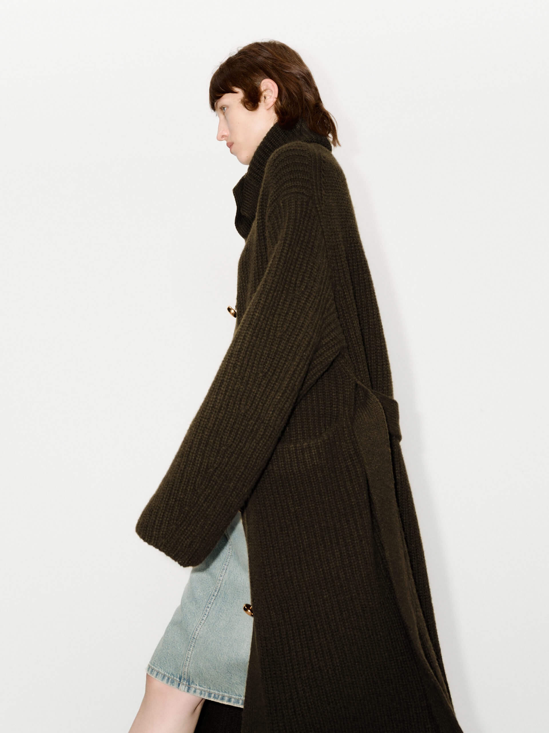 MO&Co. Women's 100% Wool Metallic Button Oversized Long Midi Cardigan in Dark Olive