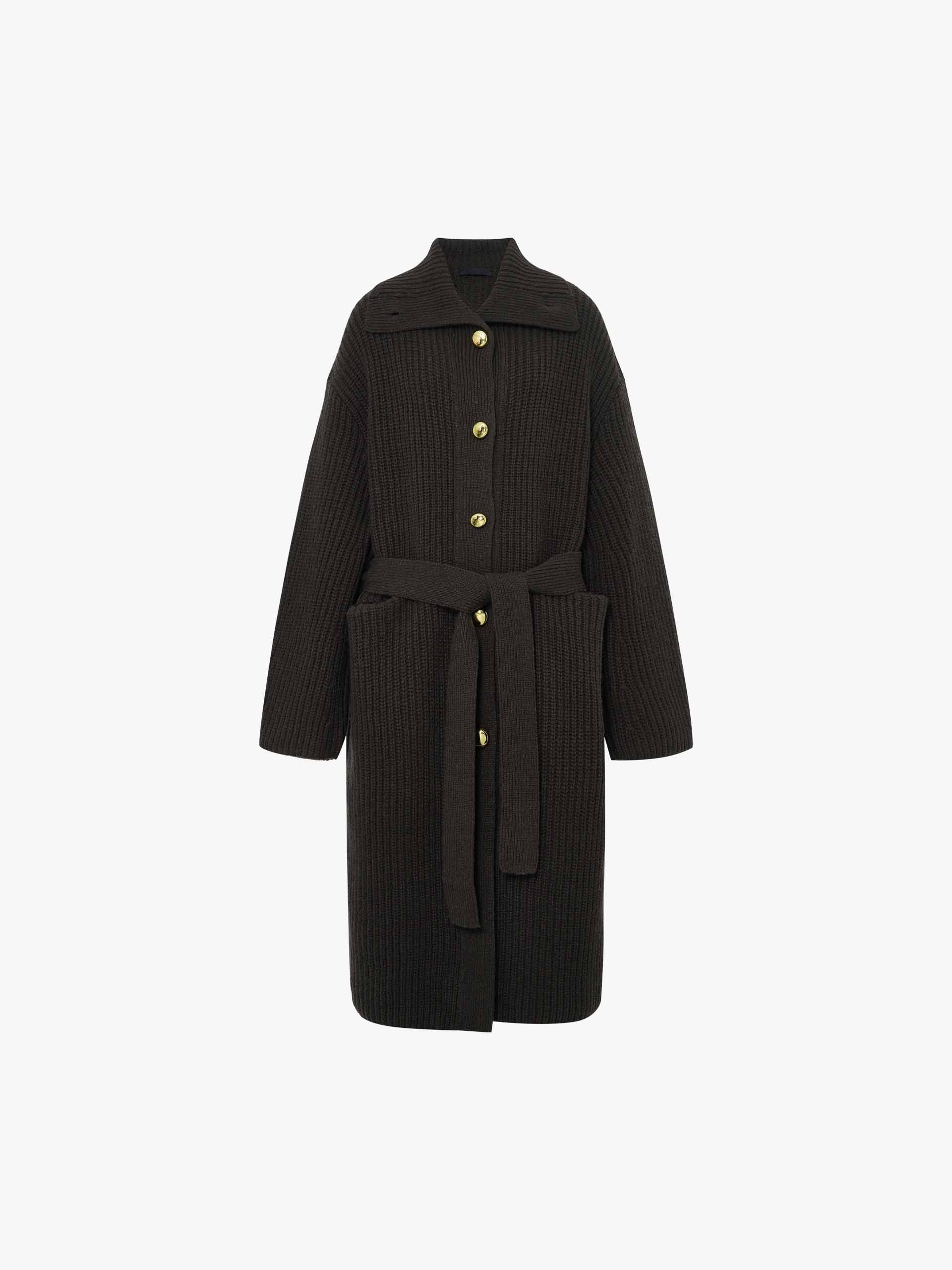 MO&Co. Women's 100% Wool Metallic Button Oversized Long Midi Cardigan in Dark Olive