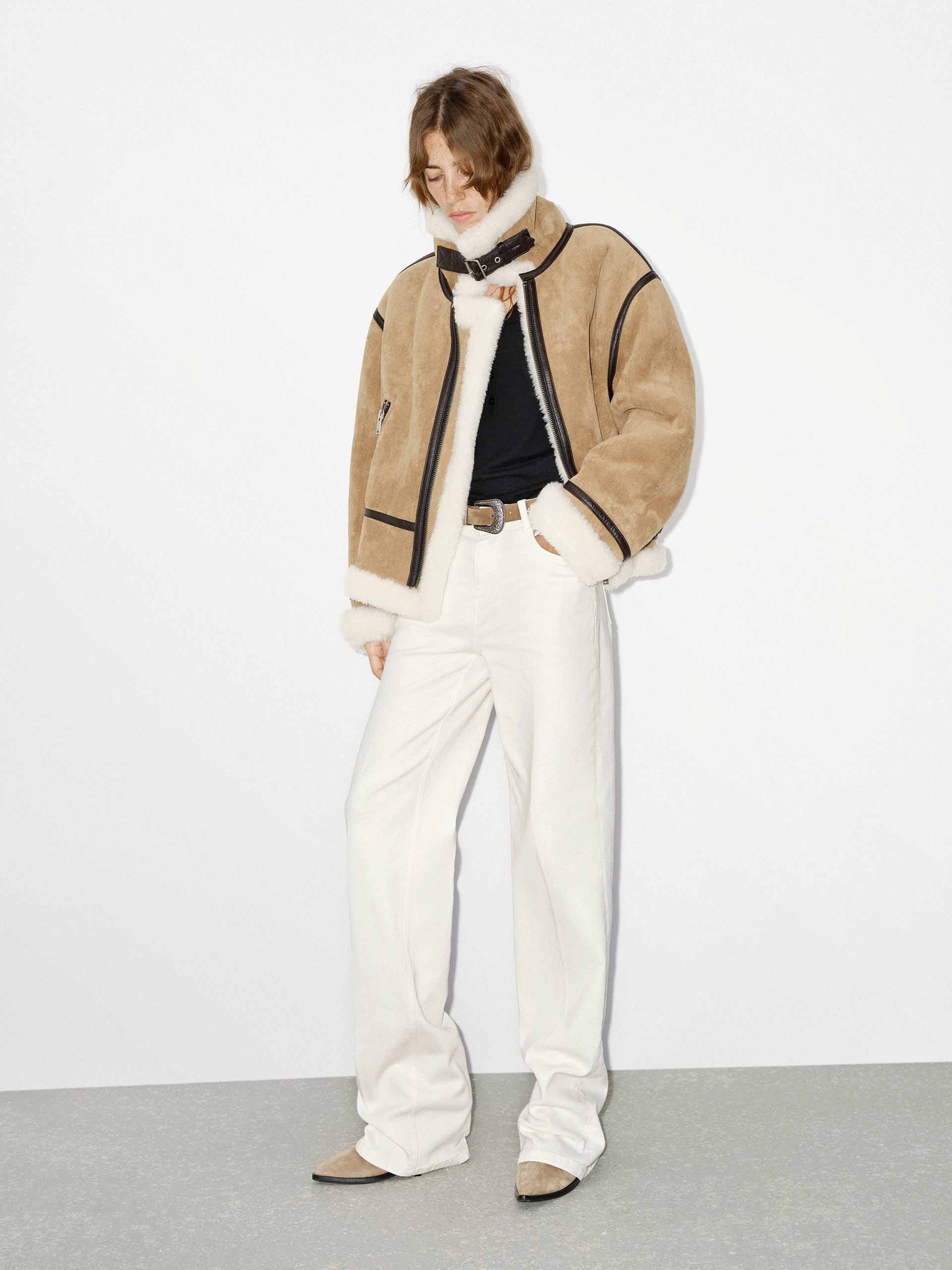 MO&Co. Women's Suede Textured Faux Shearling Fuzzy Biker Jacket in Camel