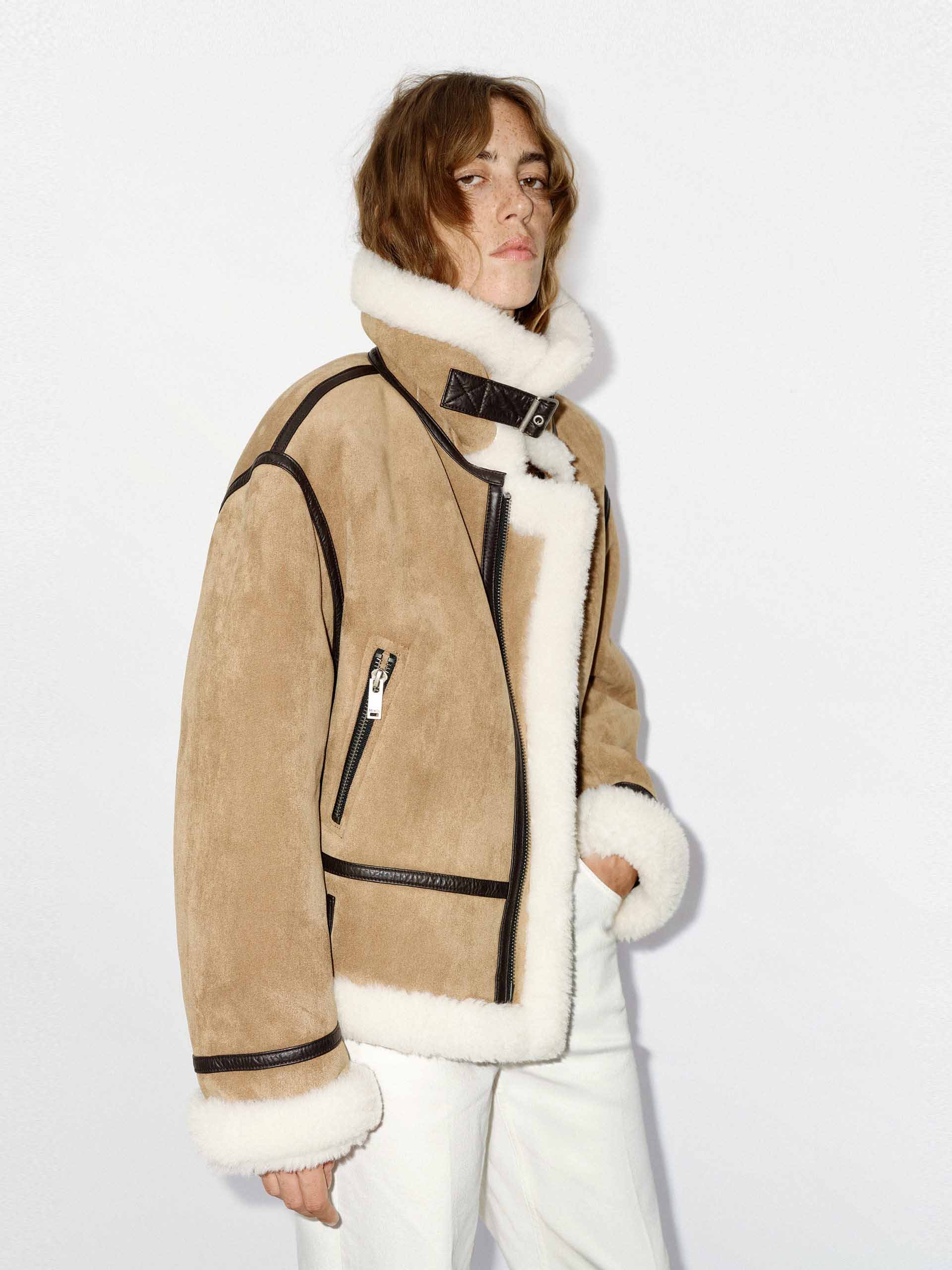 MO&Co. Women's Suede Textured Faux Shearling Fuzzy Biker Jacket in Camel