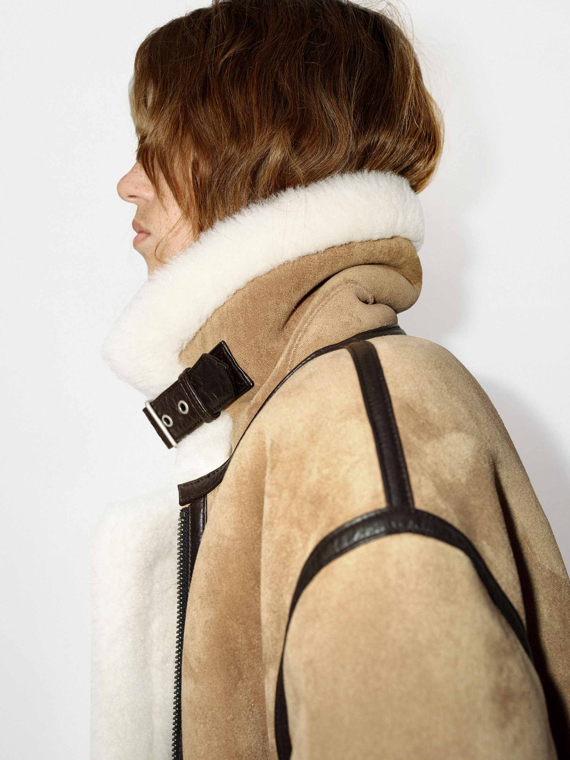 MO&Co. Women's Suede Textured Faux Shearling Fuzzy Biker Jacket in Camel