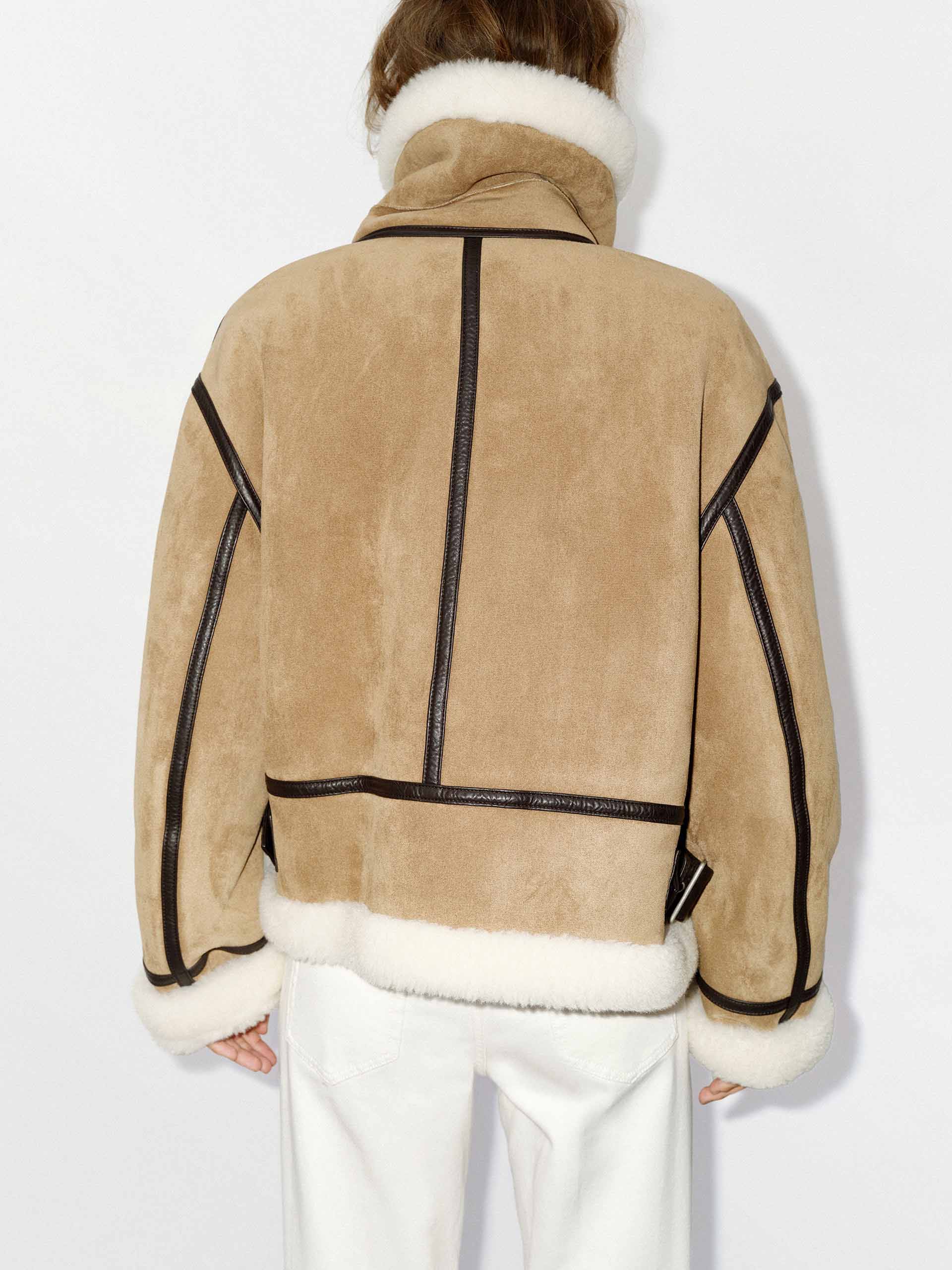 MO&Co. Women's Suede Textured Faux Shearling Fuzzy Biker Jacket in Camel