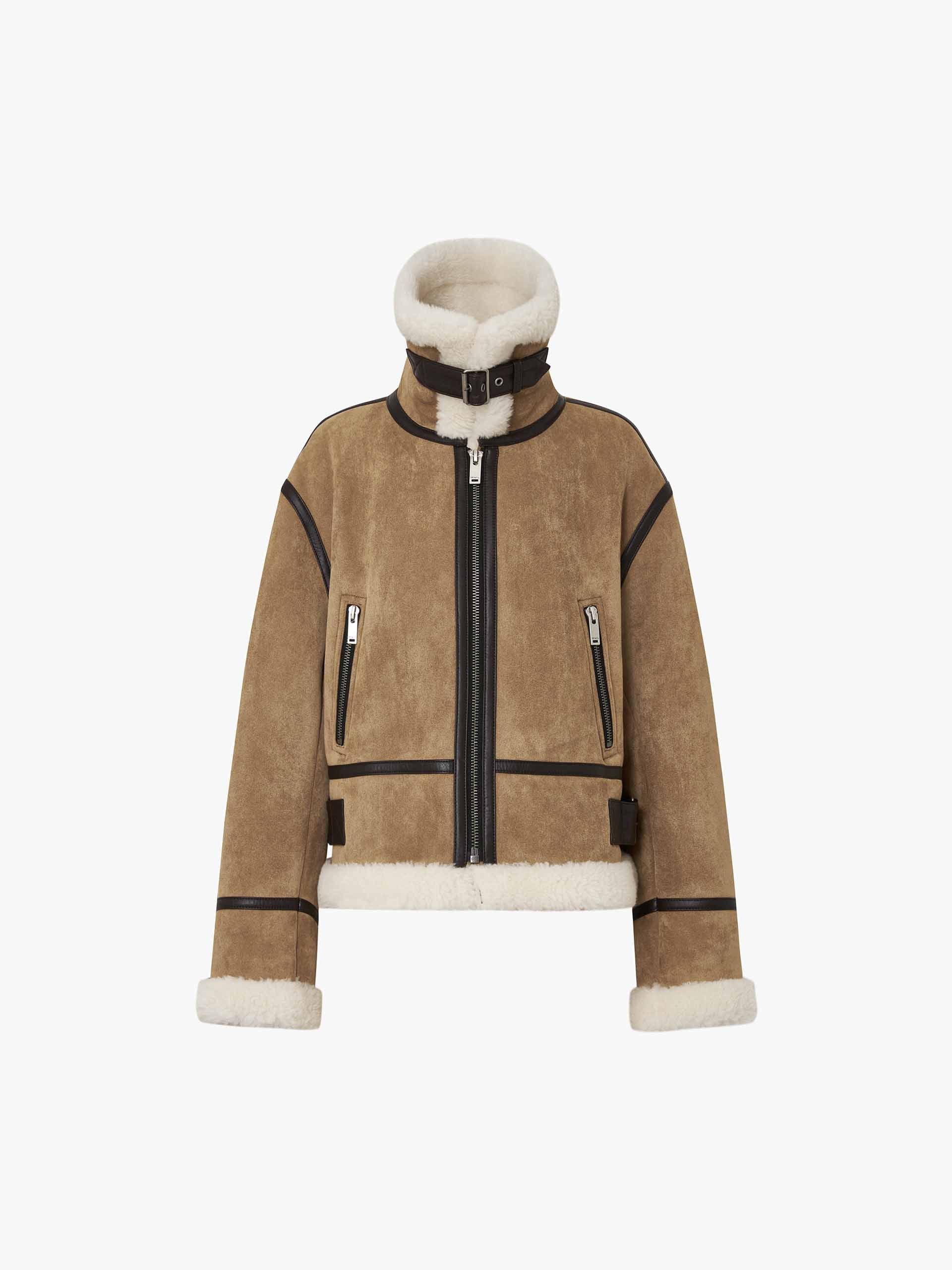 MO&Co. Women's Suede Textured Faux Shearling Fuzzy Biker Jacket in Camel