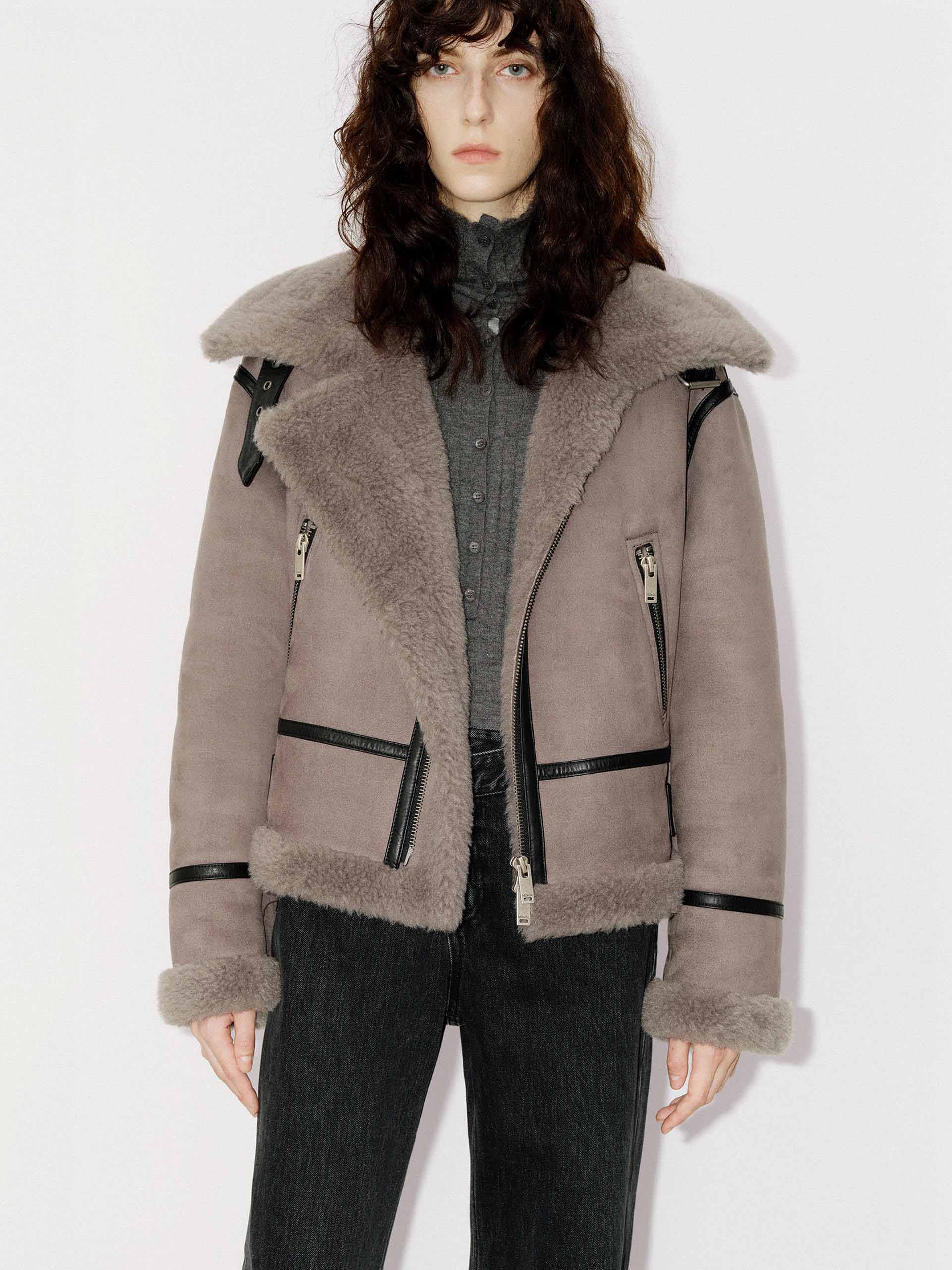 MO&Co. Women's Suede Textured Faux Shearling Fuzzy Biker Jacket in Grey