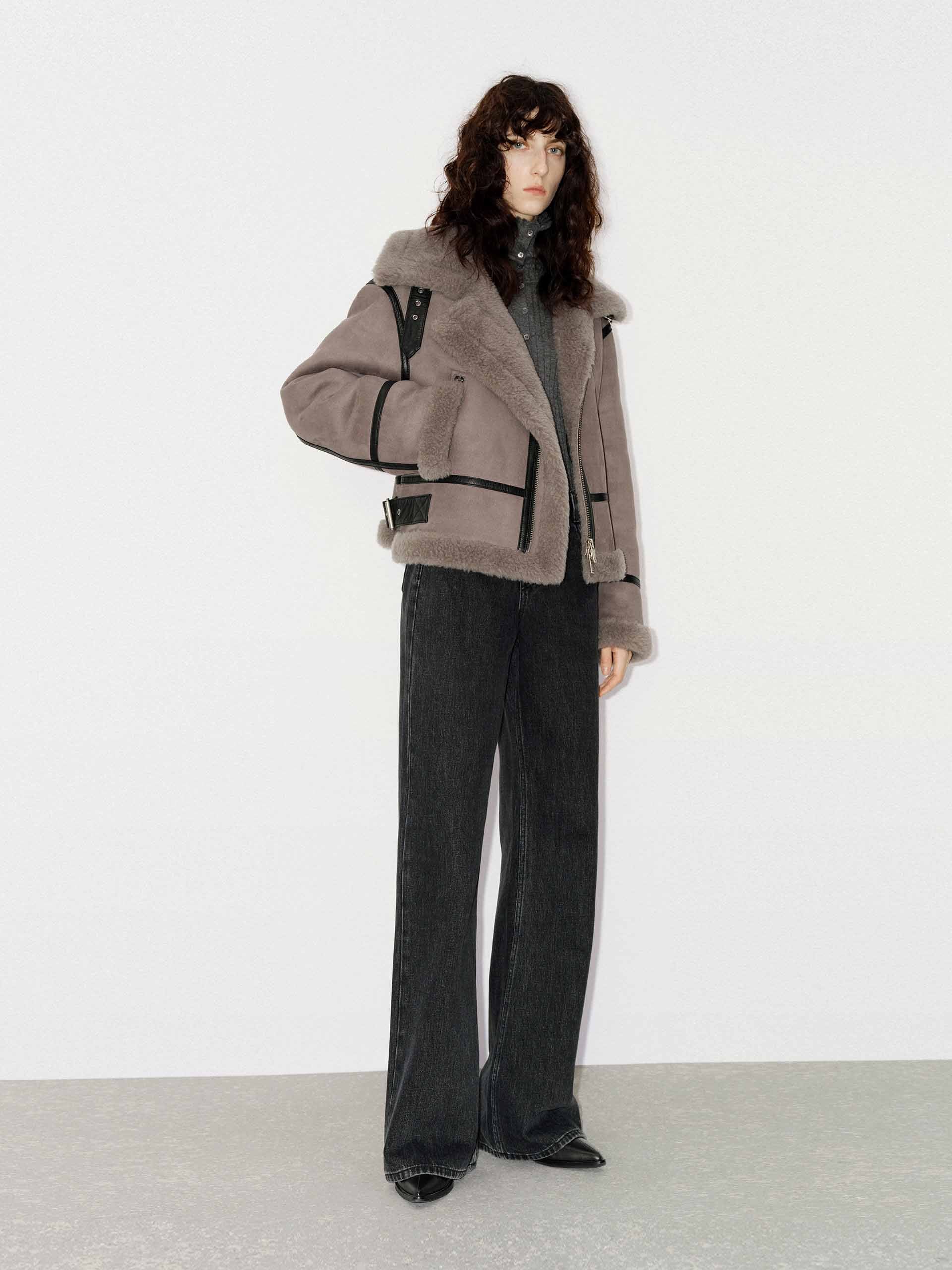 MO&Co. Women's Suede Textured Faux Shearling Fuzzy Biker Jacket in Grey