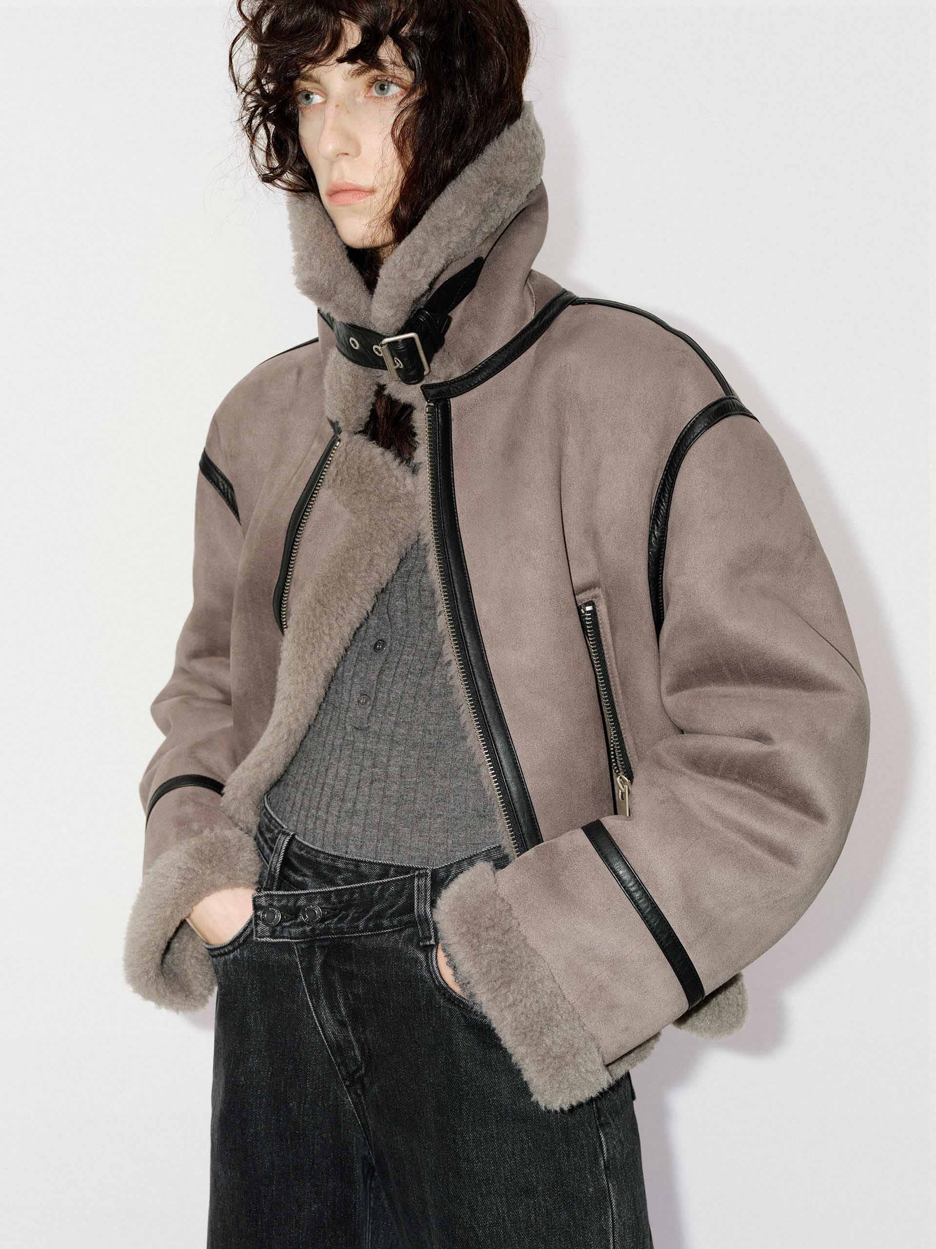 MO&Co. Women's Suede Textured Faux Shearling Fuzzy Biker Jacket in Grey