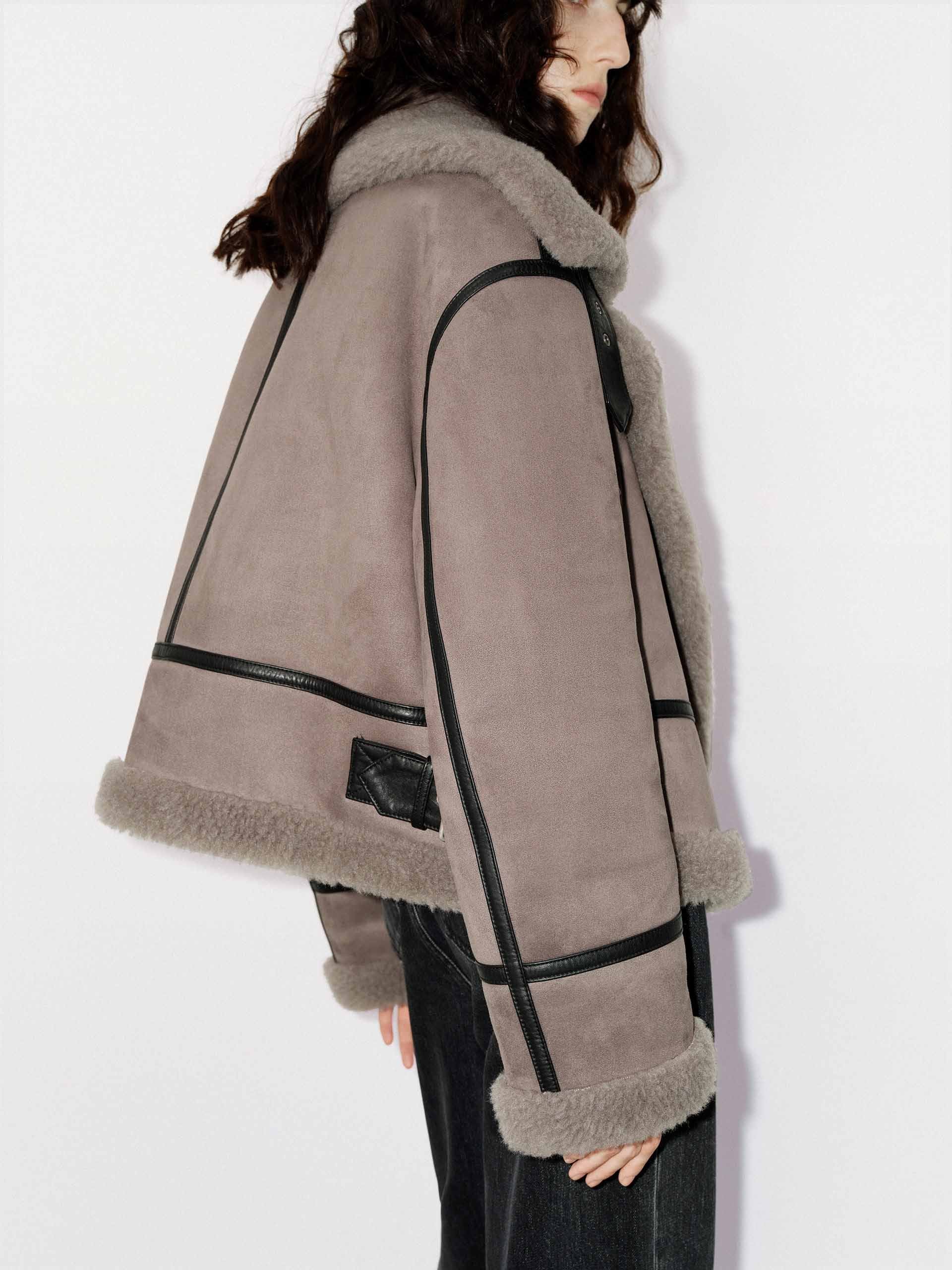 MO&Co. Women's Suede Textured Faux Shearling Fuzzy Biker Jacket in Grey