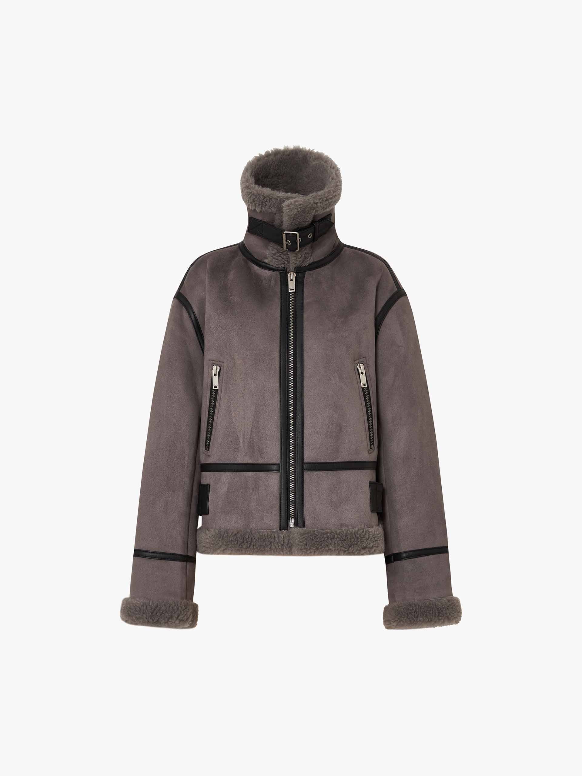 MO&Co. Women's Suede Textured Faux Shearling Fuzzy Biker Jacket in Grey